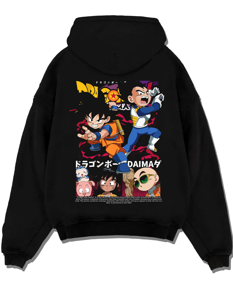 Black pullover hoodie laid flat with Dragon Ball Hoodie Daima Series Chibi Retro Poster graphic premium wear.