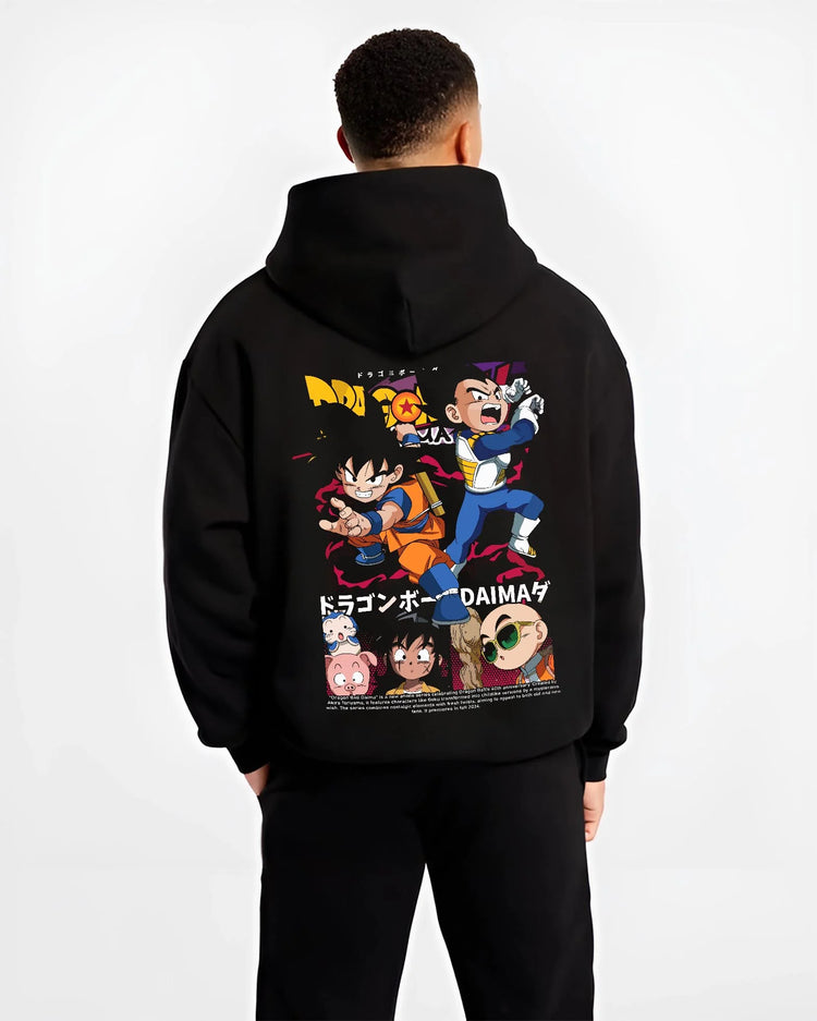 Black hoodie worn by male model, back view with Dragon Ball Hoodie Daima Series Chibi Retro Poster graphic bold anime graphic.