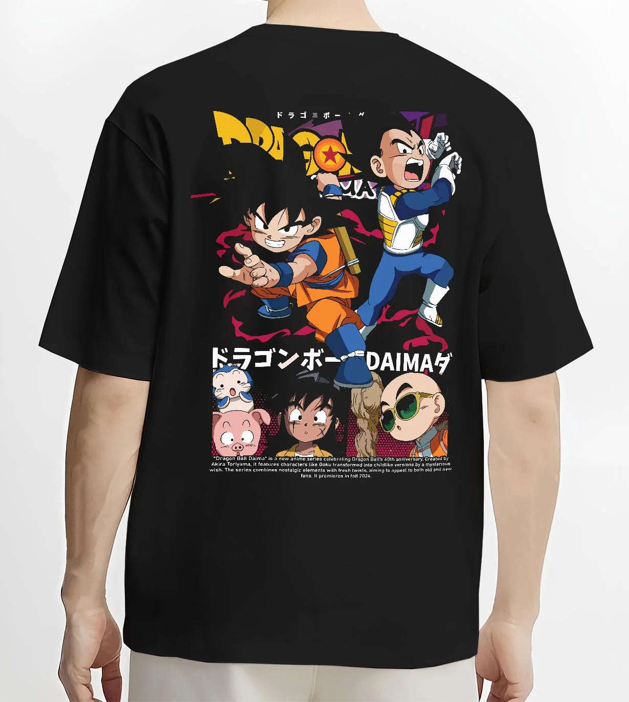 Black T-shirt worn by male model, back view with Dragon Ball Hoodie Daima Series Chibi Retro Poster graphic premium wear.