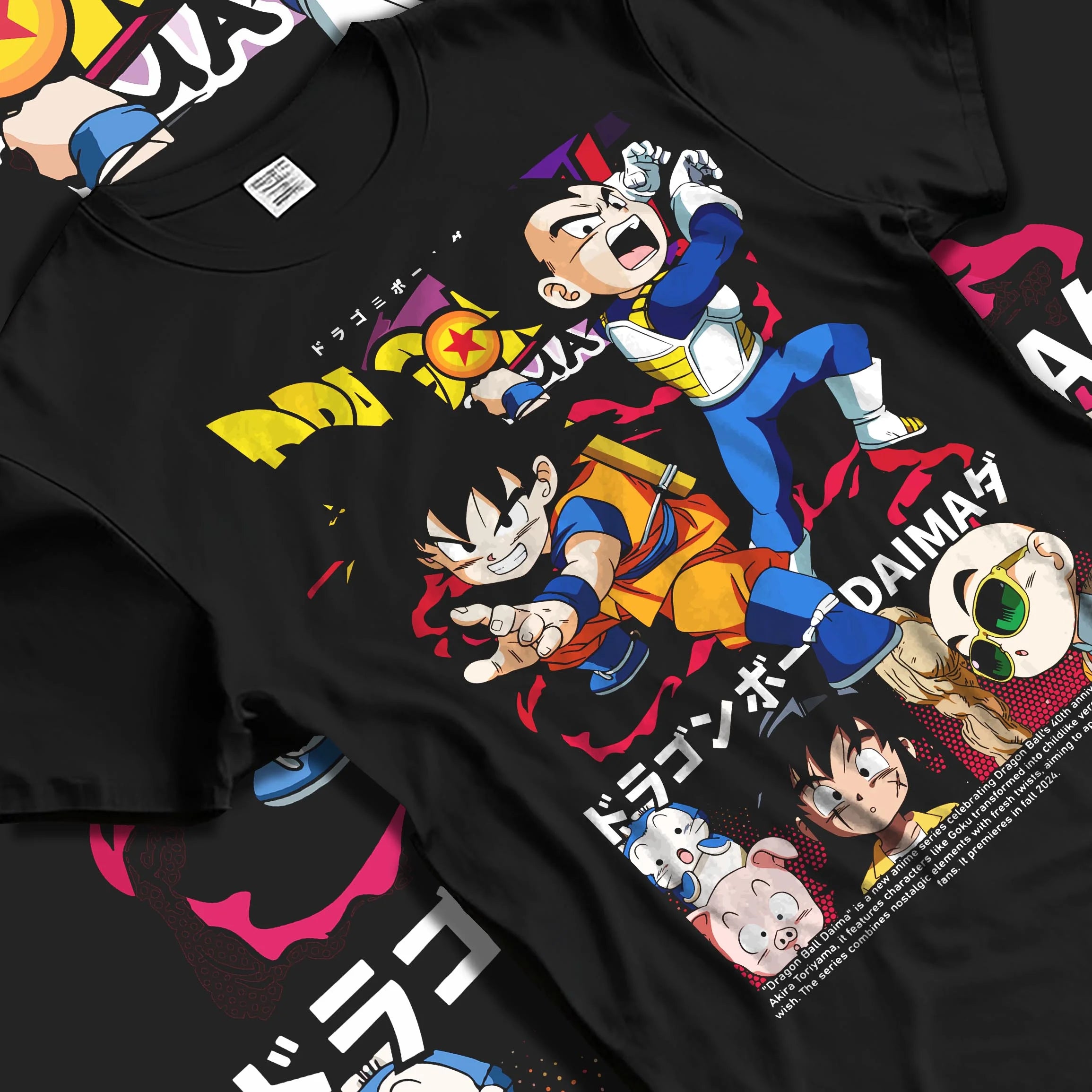 Black T-shirt laid flat with natural folds with Dragon Ball Hoodie Daima Series Chibi Retro Poster graphic Goku themed artwork.