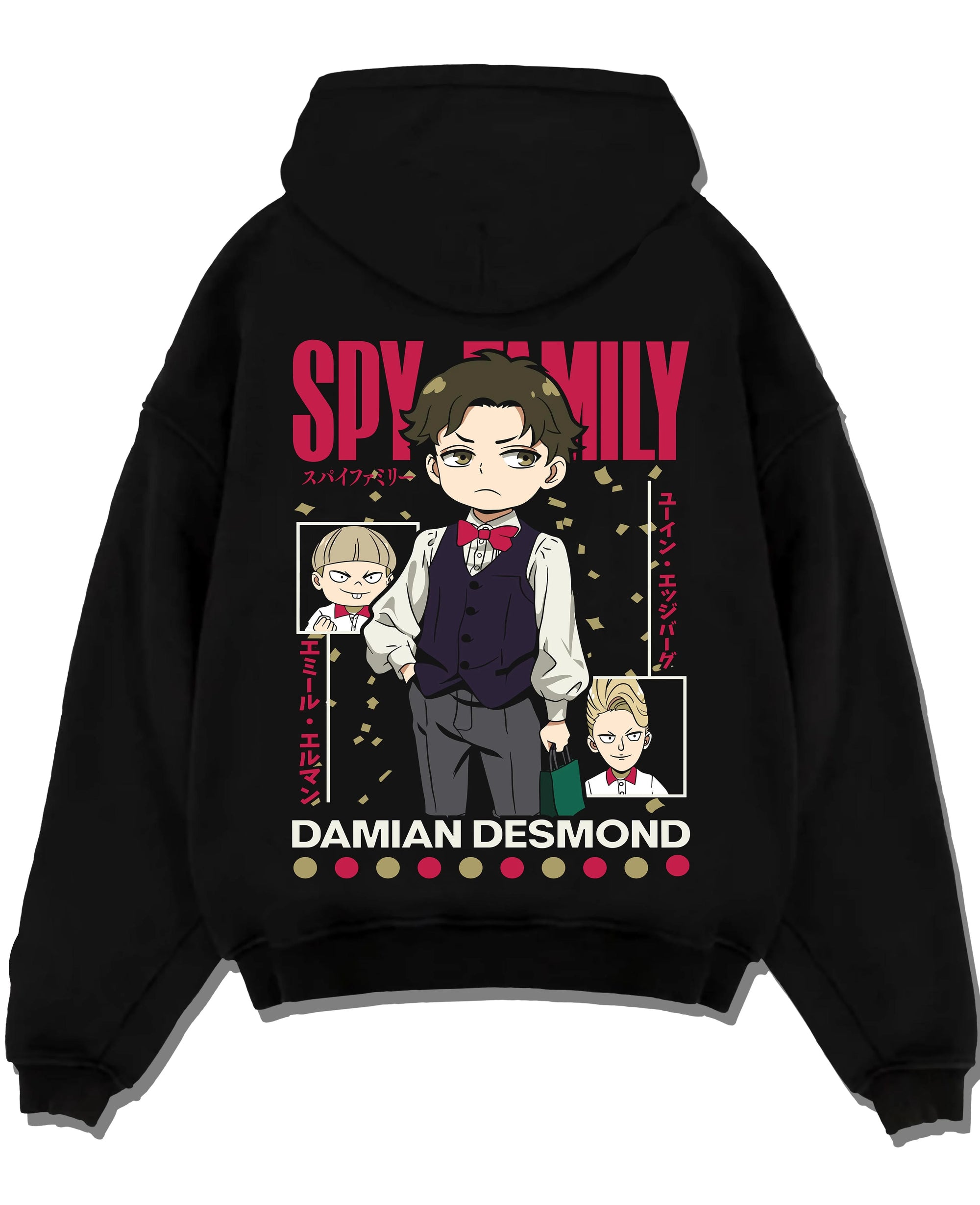 Black pullover hoodie laid flat with Damian Hoodie Spy x Family Desmond School Retro Scene graphic bold anime graphic.