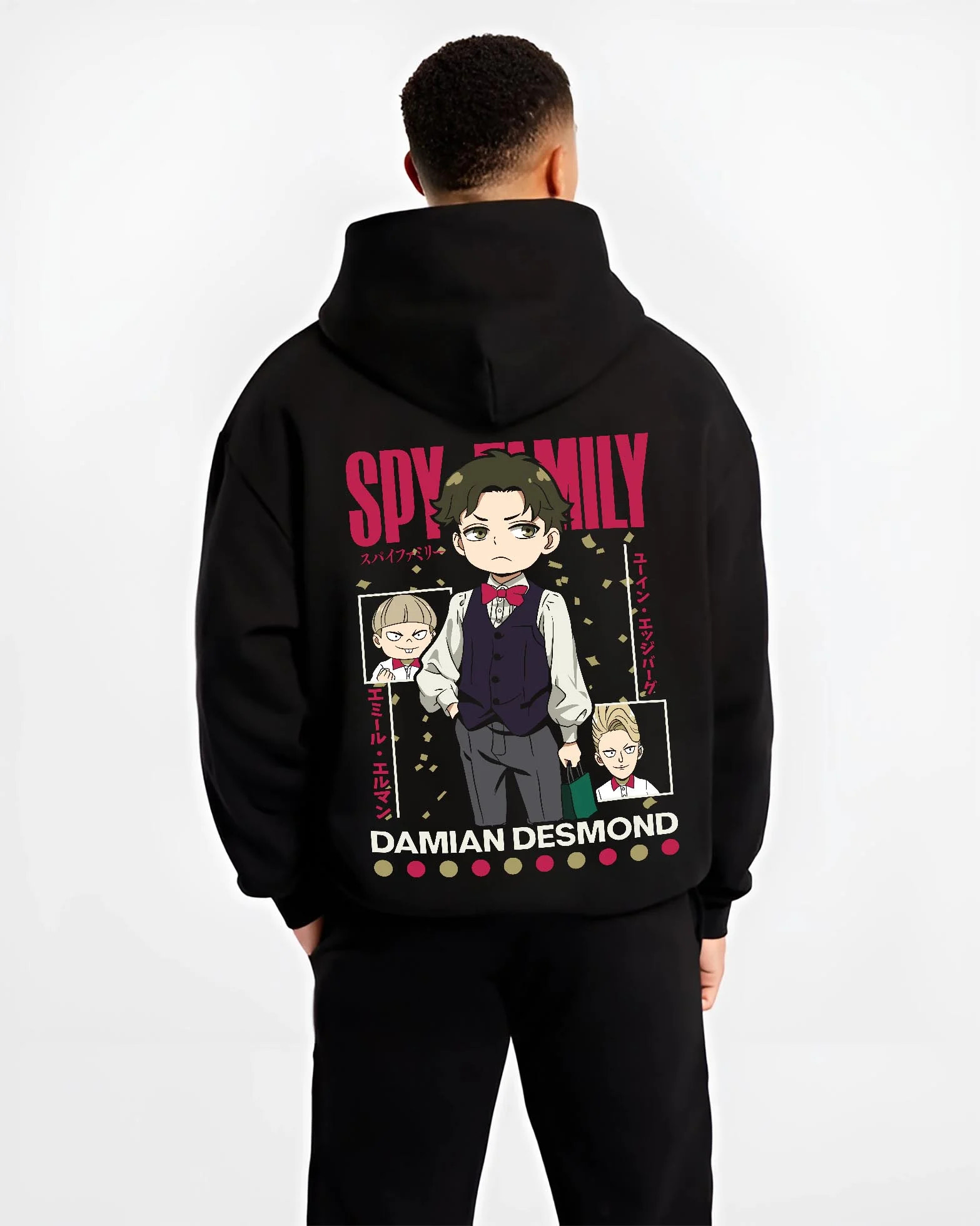 Black hoodie worn by male model, back view with Damian Hoodie Spy x Family Desmond School Retro Scene graphic streetwear graphic.
