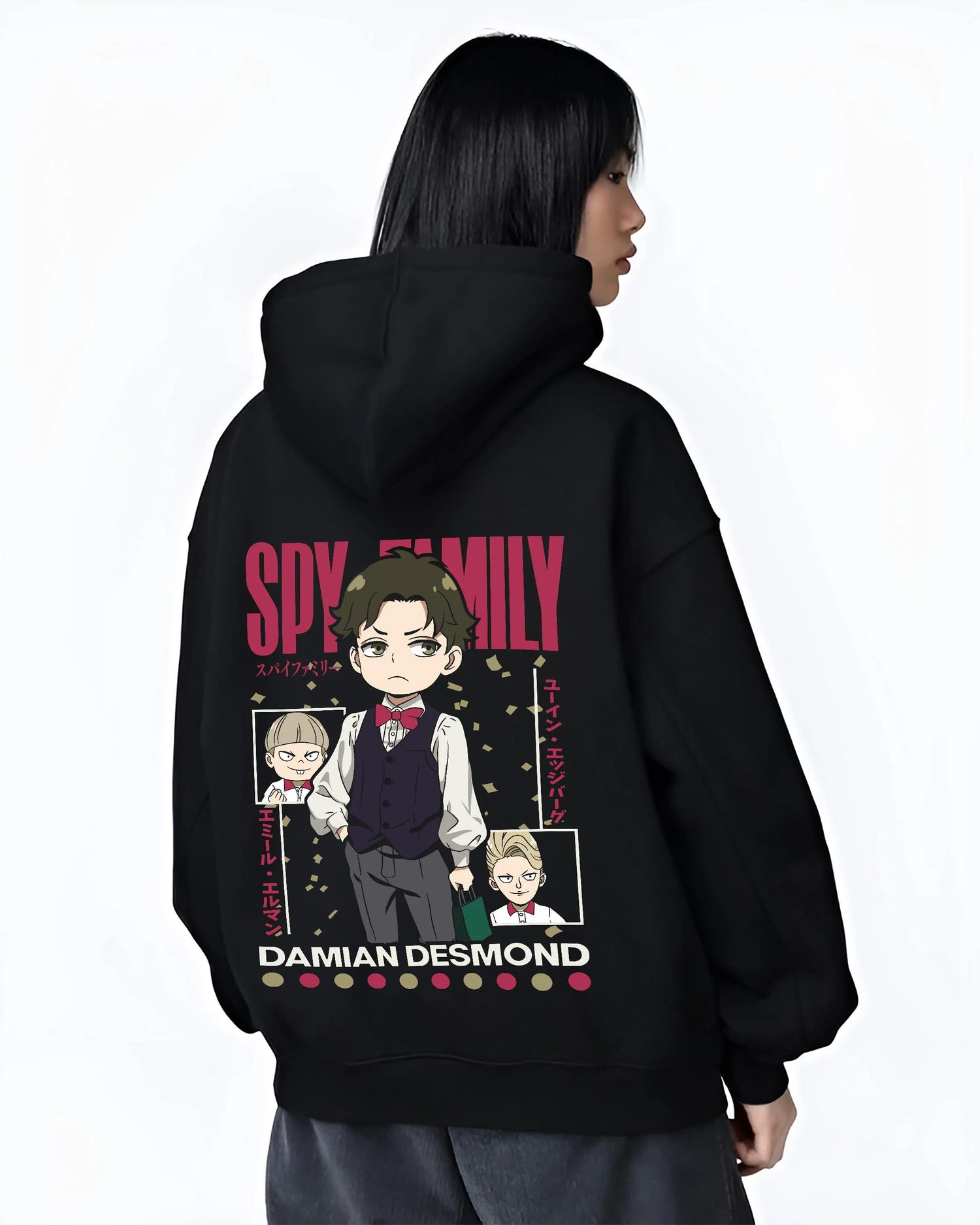 Black hoodie worn by female model, back view with Damian Hoodie Spy x Family Desmond School Retro Scene graphic bold anime graphic.