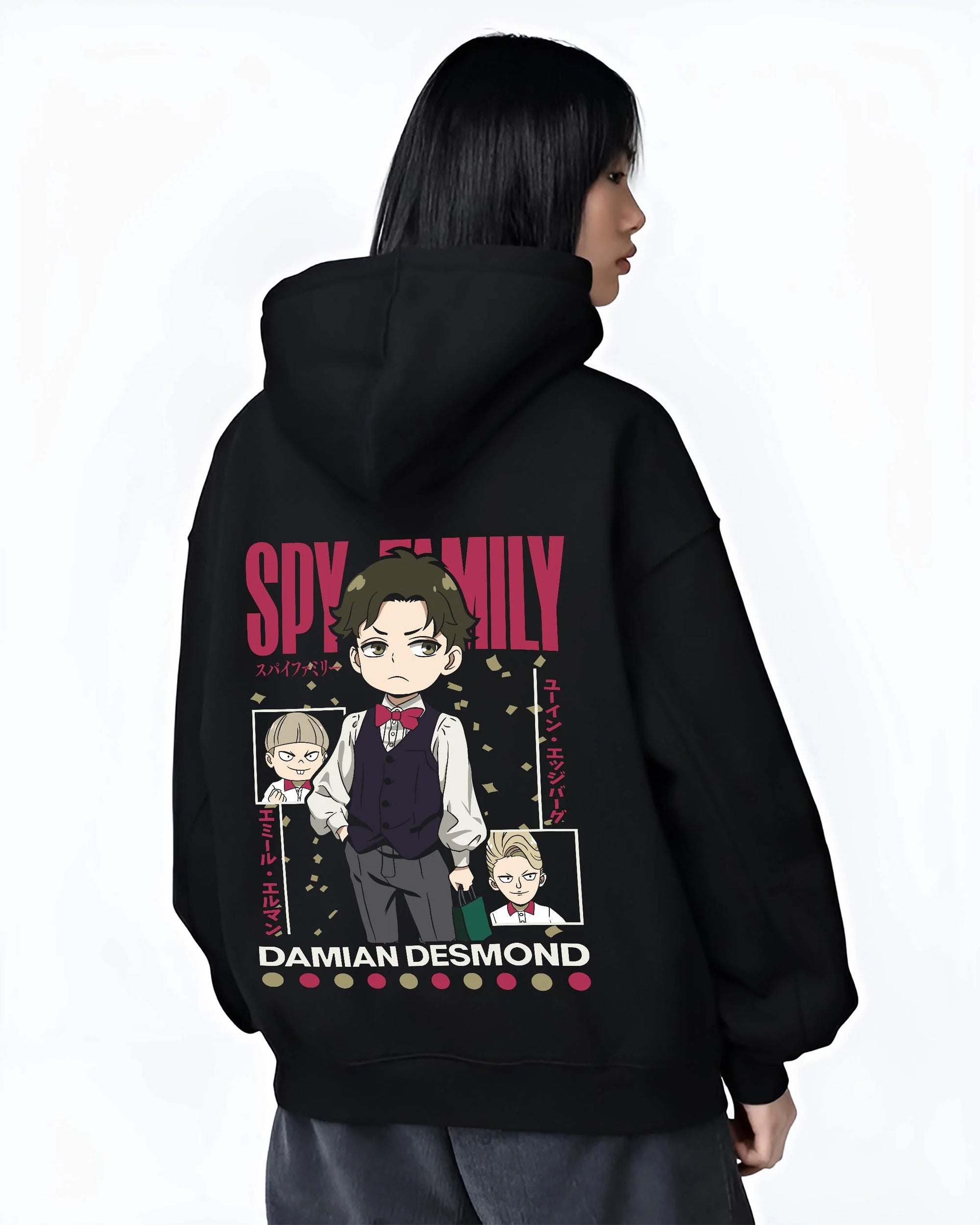 Black hoodie worn by female model, back view with Damian Hoodie Spy x Family Desmond School Retro Scene graphic bold anime graphic.