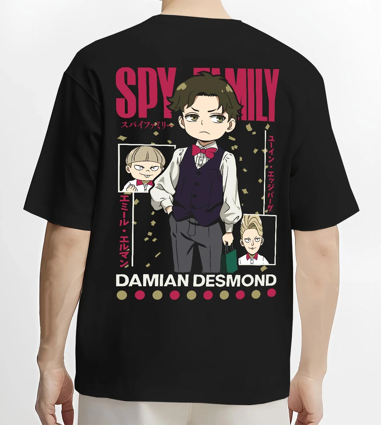 Black T-shirt worn by male model, back view with Damian Hoodie Spy x Family Desmond School Retro Scene graphic premium wear.