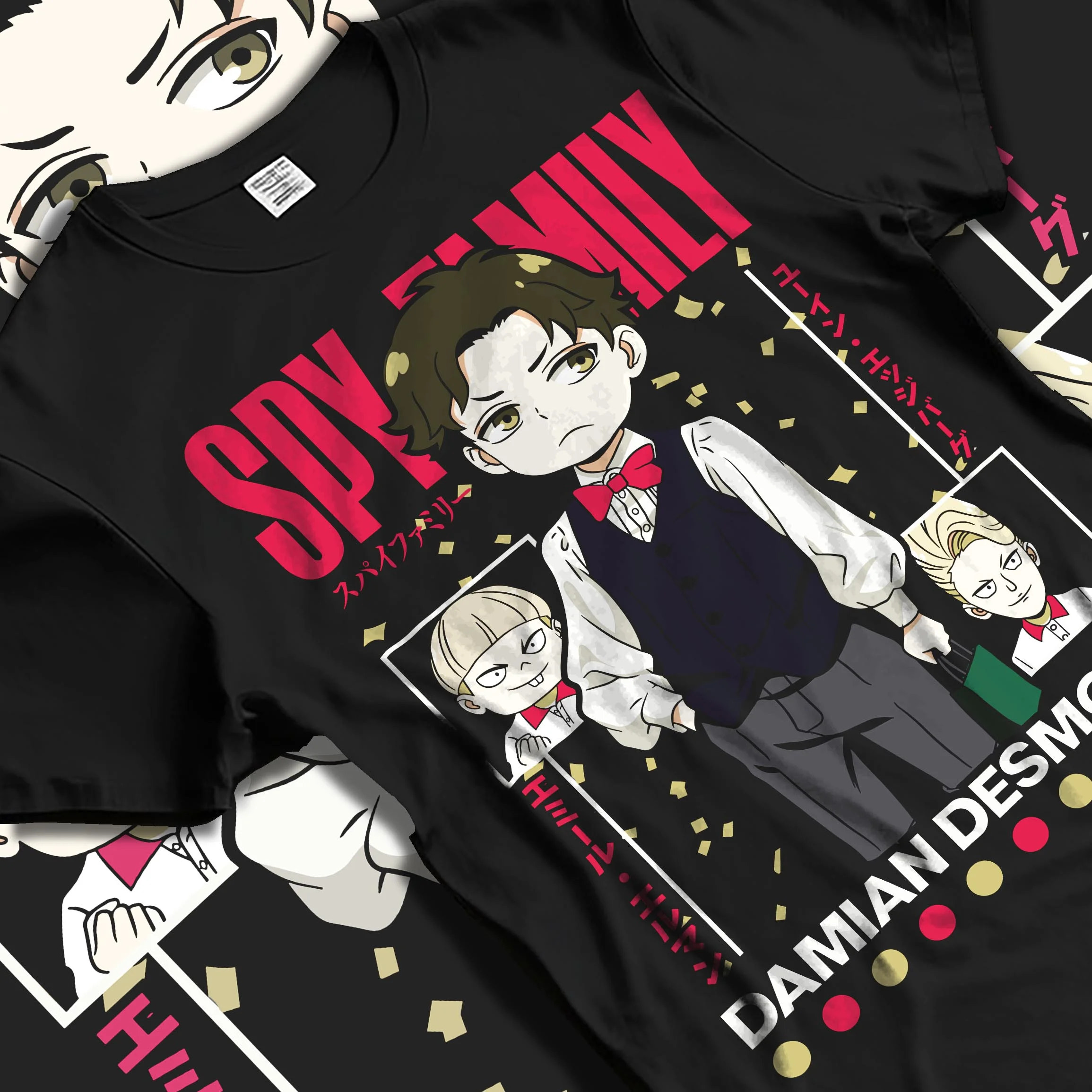 Black T-shirt laid flat with natural folds with Damian Hoodie Spy x Family Desmond School Retro Scene graphic streetwear graphic.