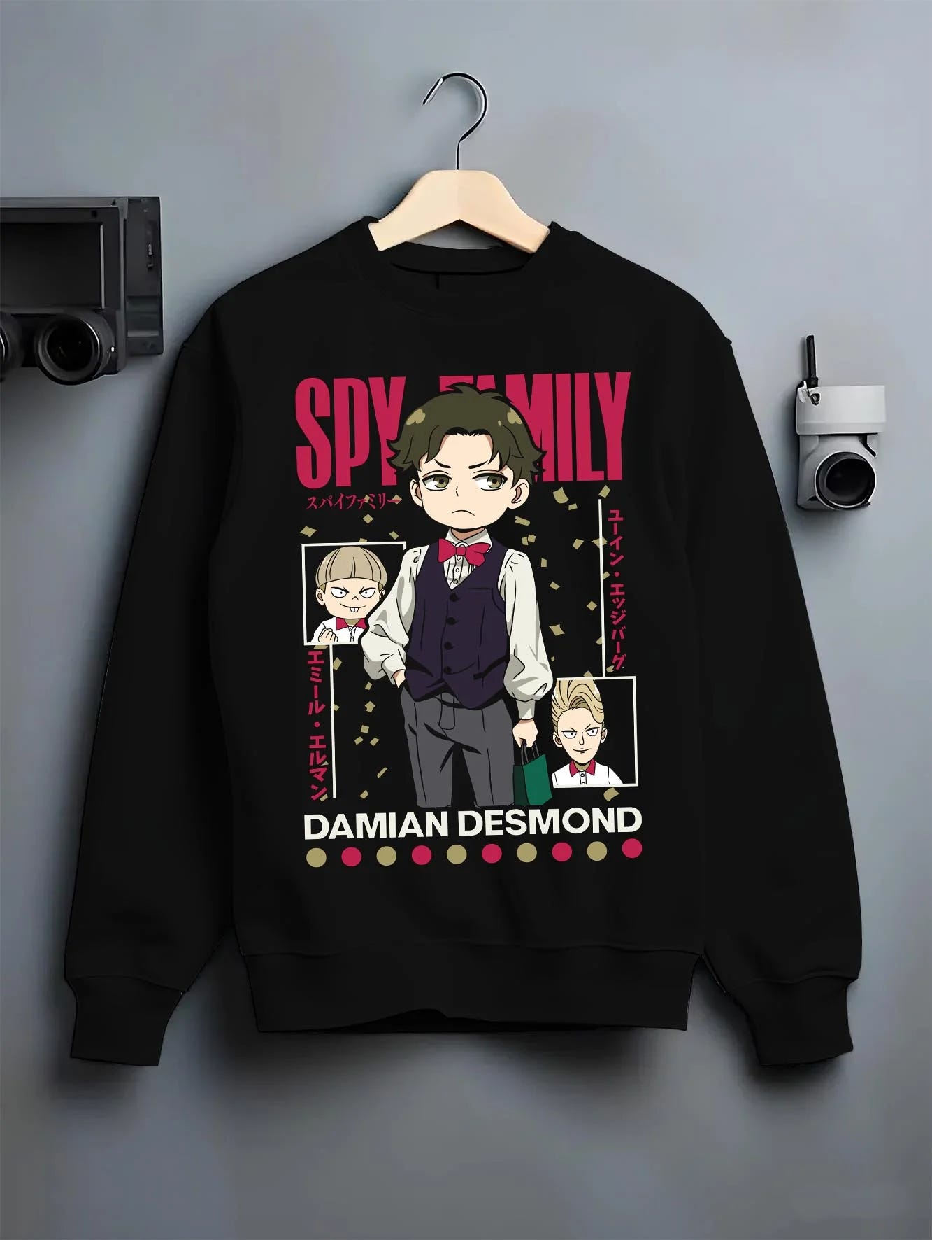 Black crewneck sweatshirt on hanger with Damian Hoodie Spy x Family Desmond School Retro Scene graphic bold anime graphic.