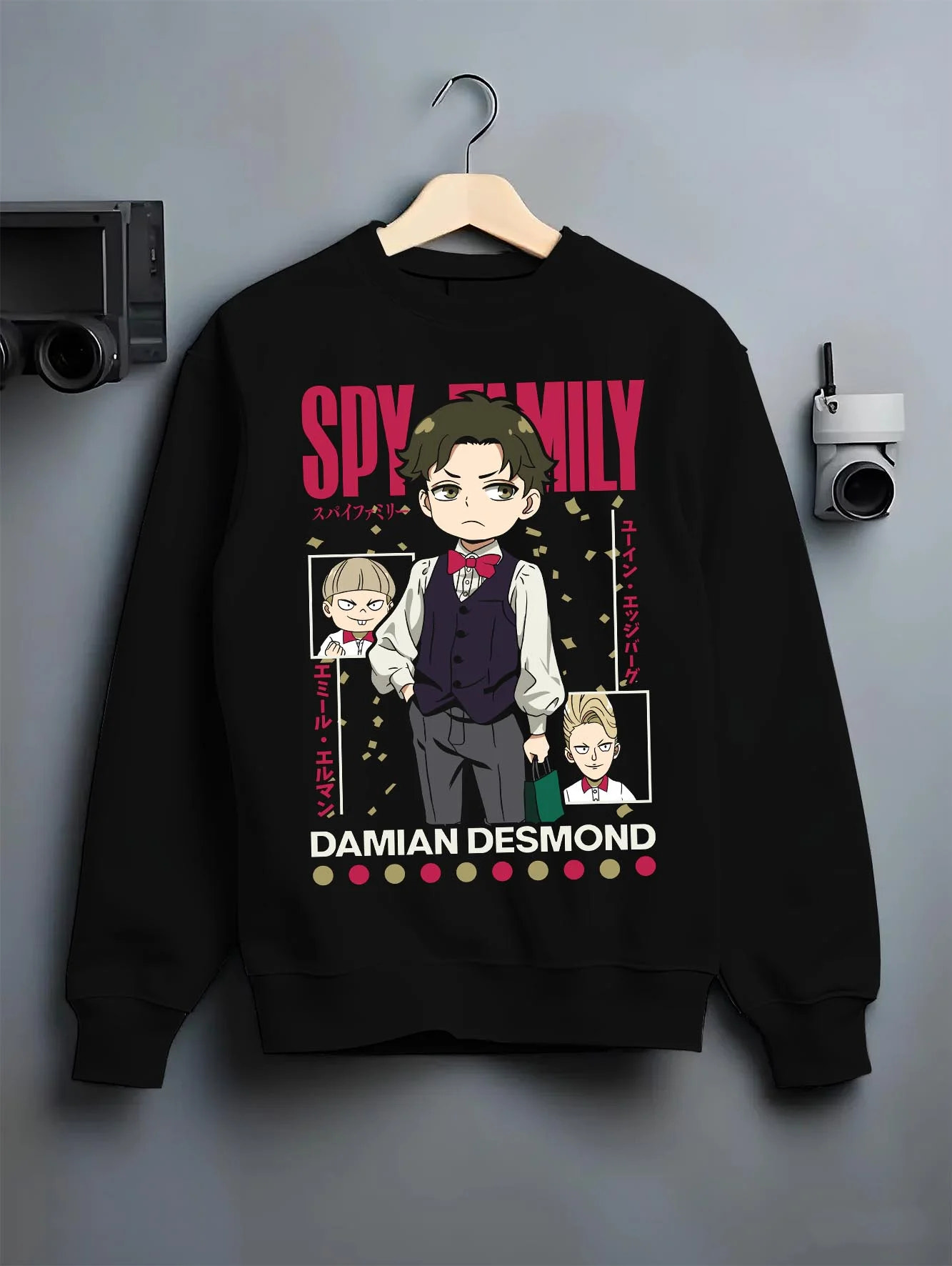 Black crewneck sweatshirt on hanger with Damian Hoodie Spy x Family Desmond School Retro Scene graphic bold anime graphic.