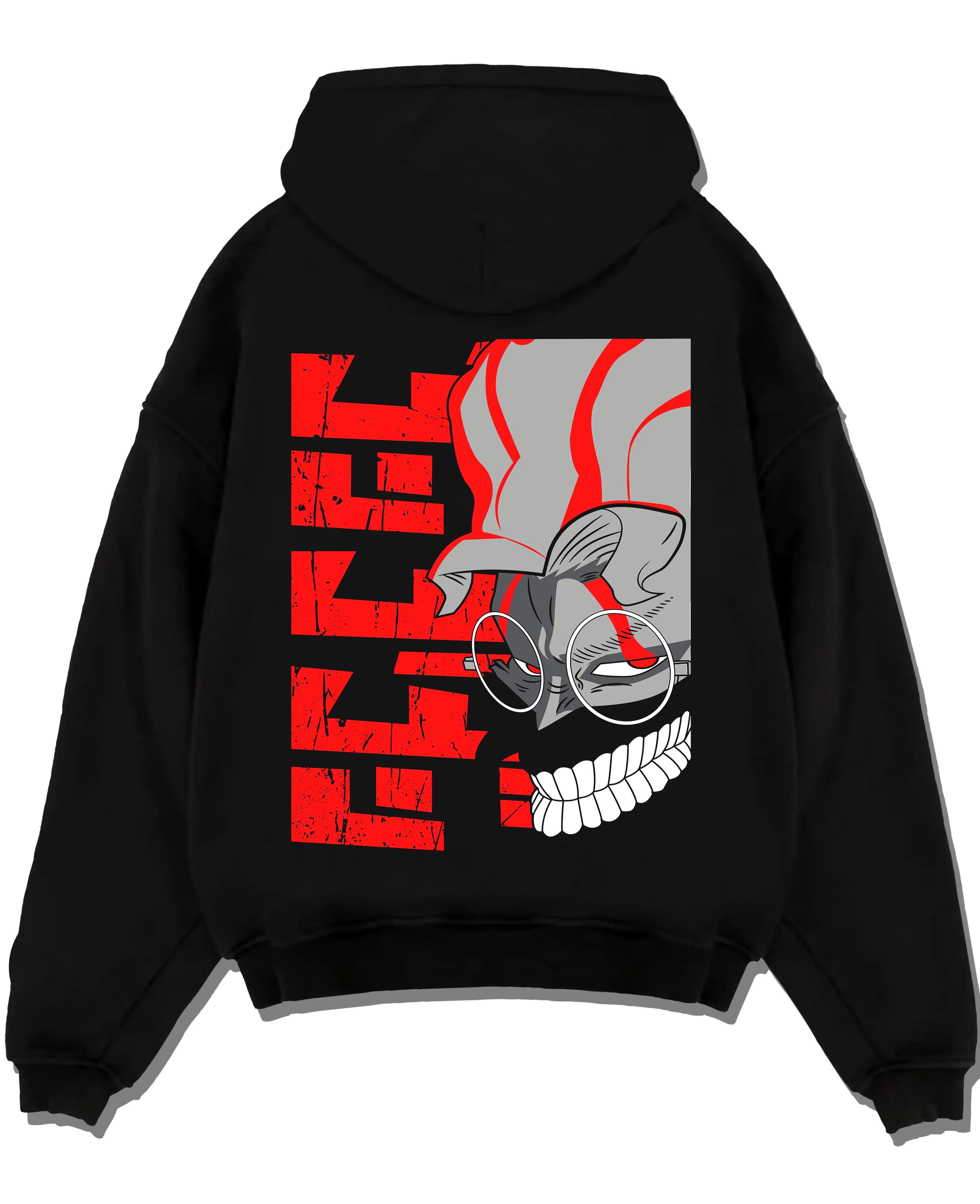Black pullover hoodie laid flat with Ken Turbo Mode Hoodie Dandadan Supernatural Battle graphic bold anime graphic.