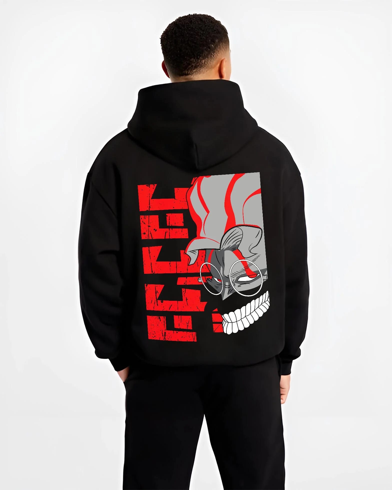 Black hoodie worn by male model, back view with Ken Turbo Mode Hoodie Dandadan Supernatural Battle graphic streetwear graphic.