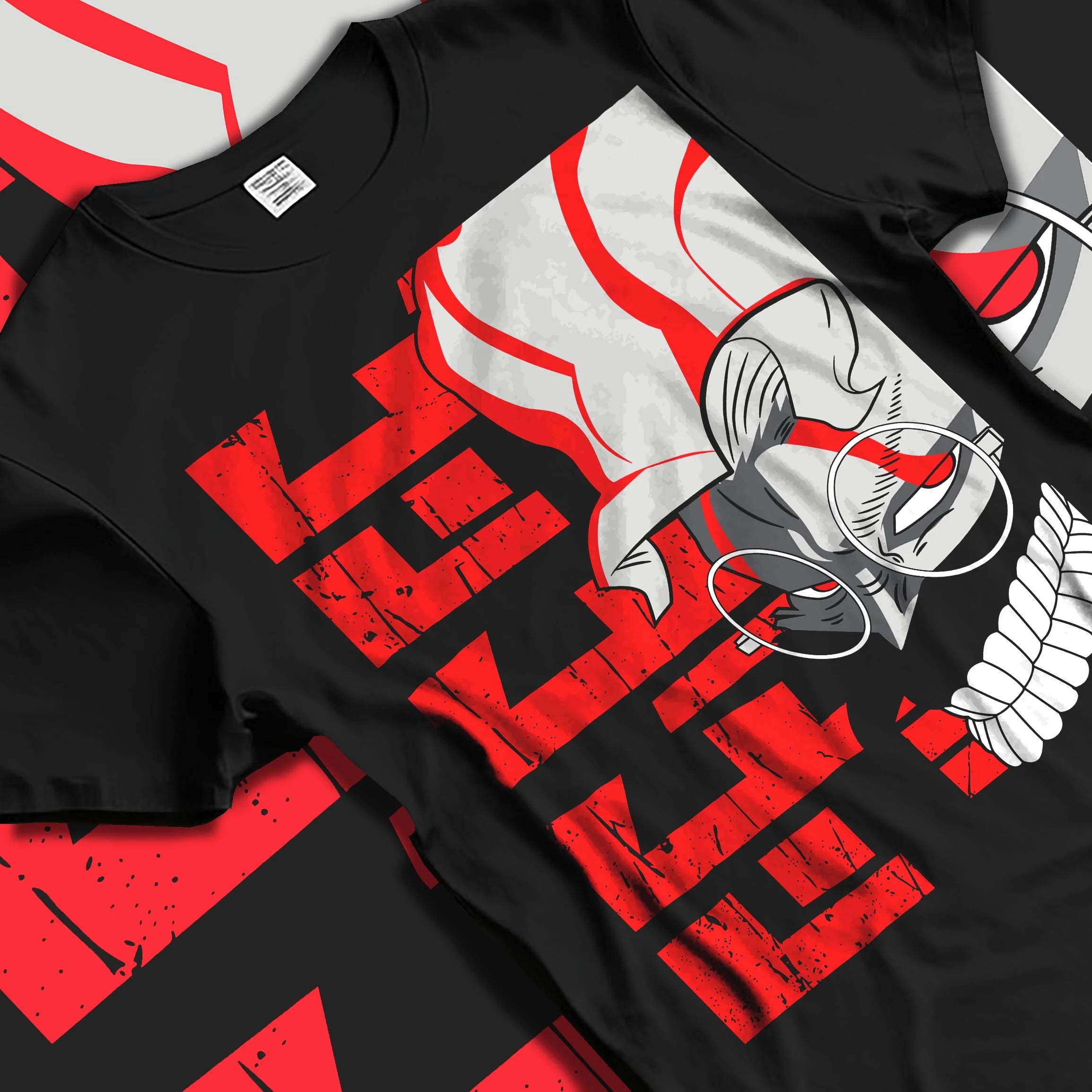 Black T-shirt laid flat with natural folds with Ken Turbo Mode Hoodie Dandadan Supernatural Battle graphic streetwear graphic.