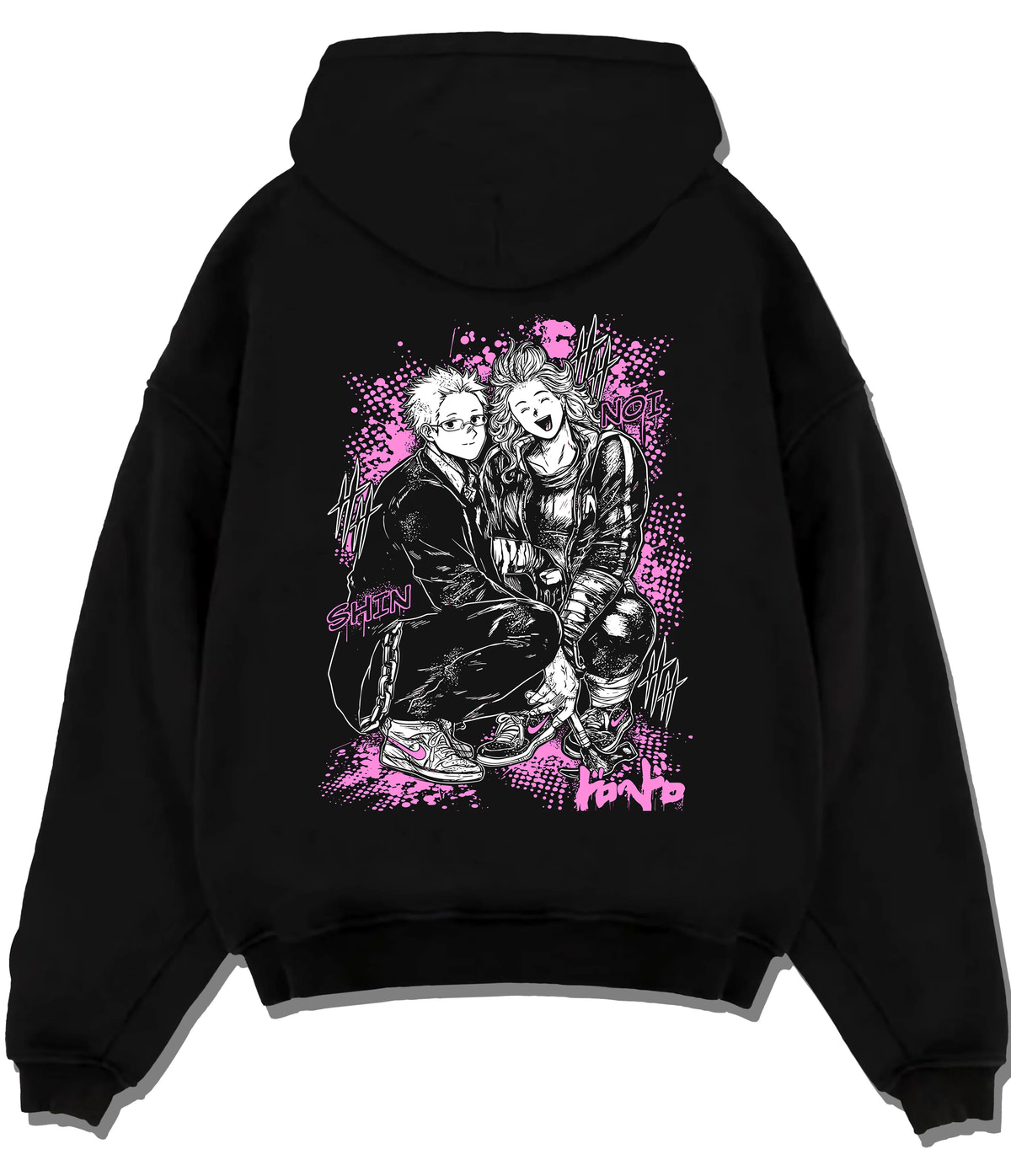 Black hoodie flat back view showing Dandadan: Okarun and Momo duo