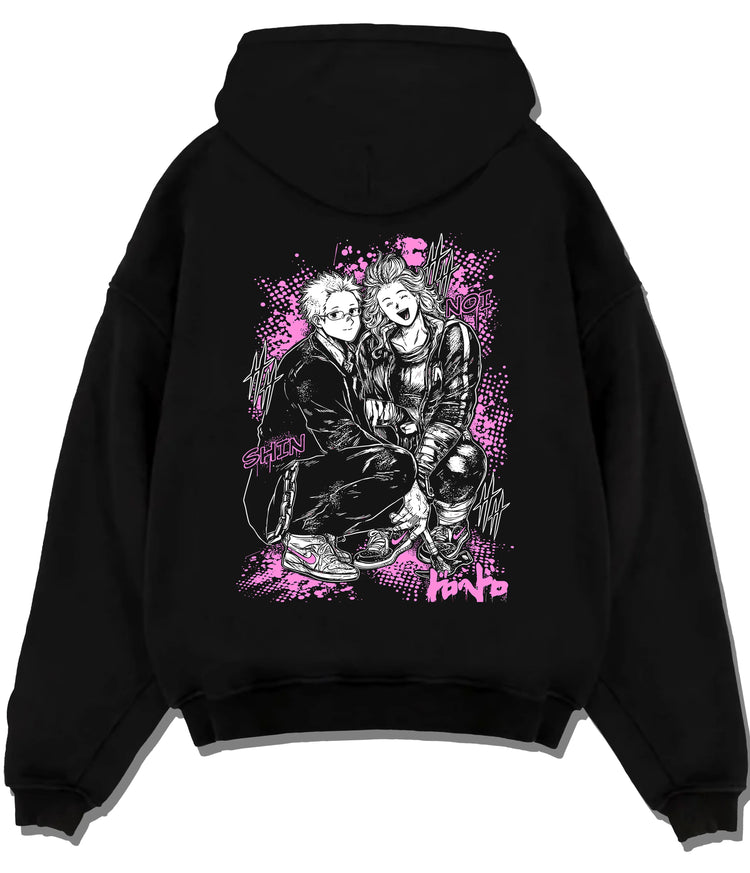 Black hoodie flat back view showing Dandadan: Okarun and Momo duo