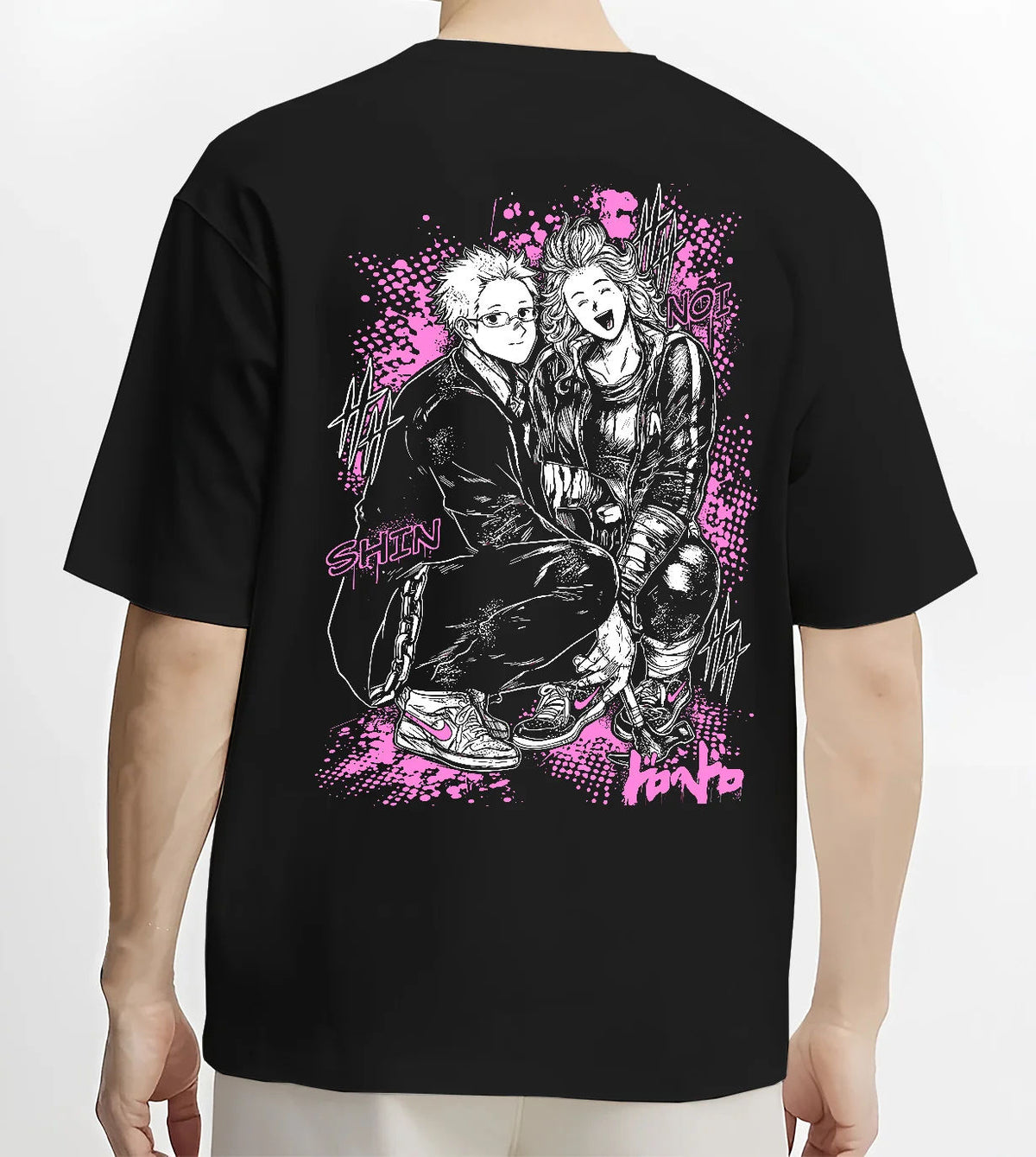 Black T-shirt model back view showing Dandadan: Okarun and Momo duo
