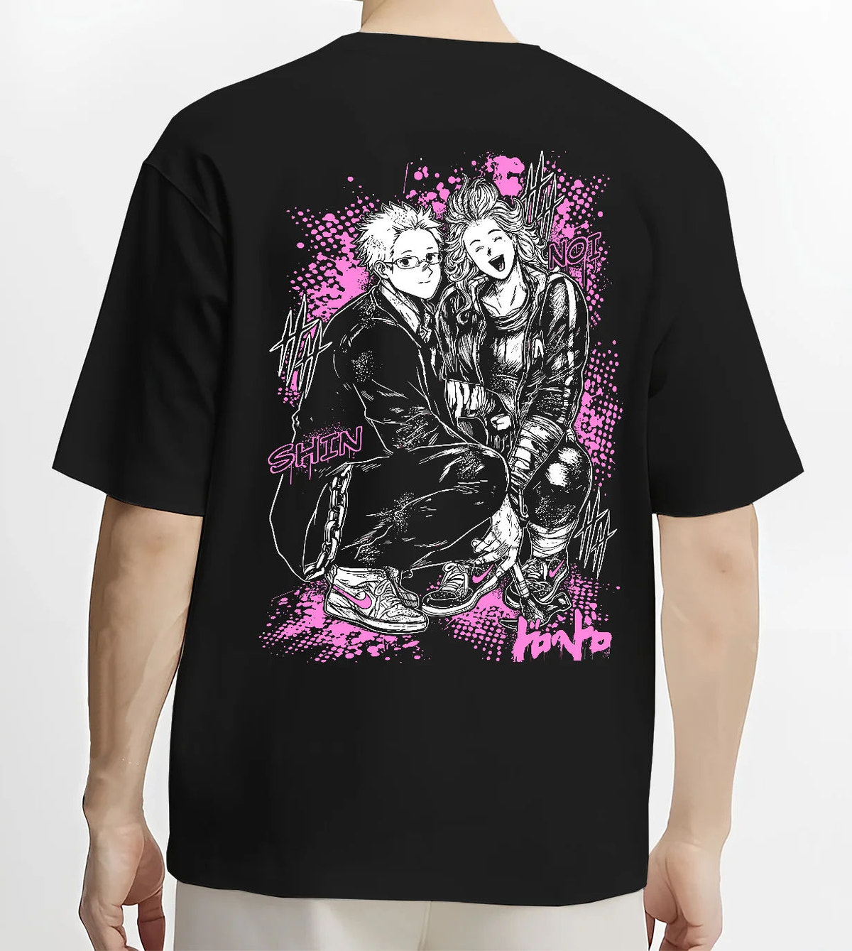 Black T-shirt model back view showing Dandadan: Okarun and Momo duo