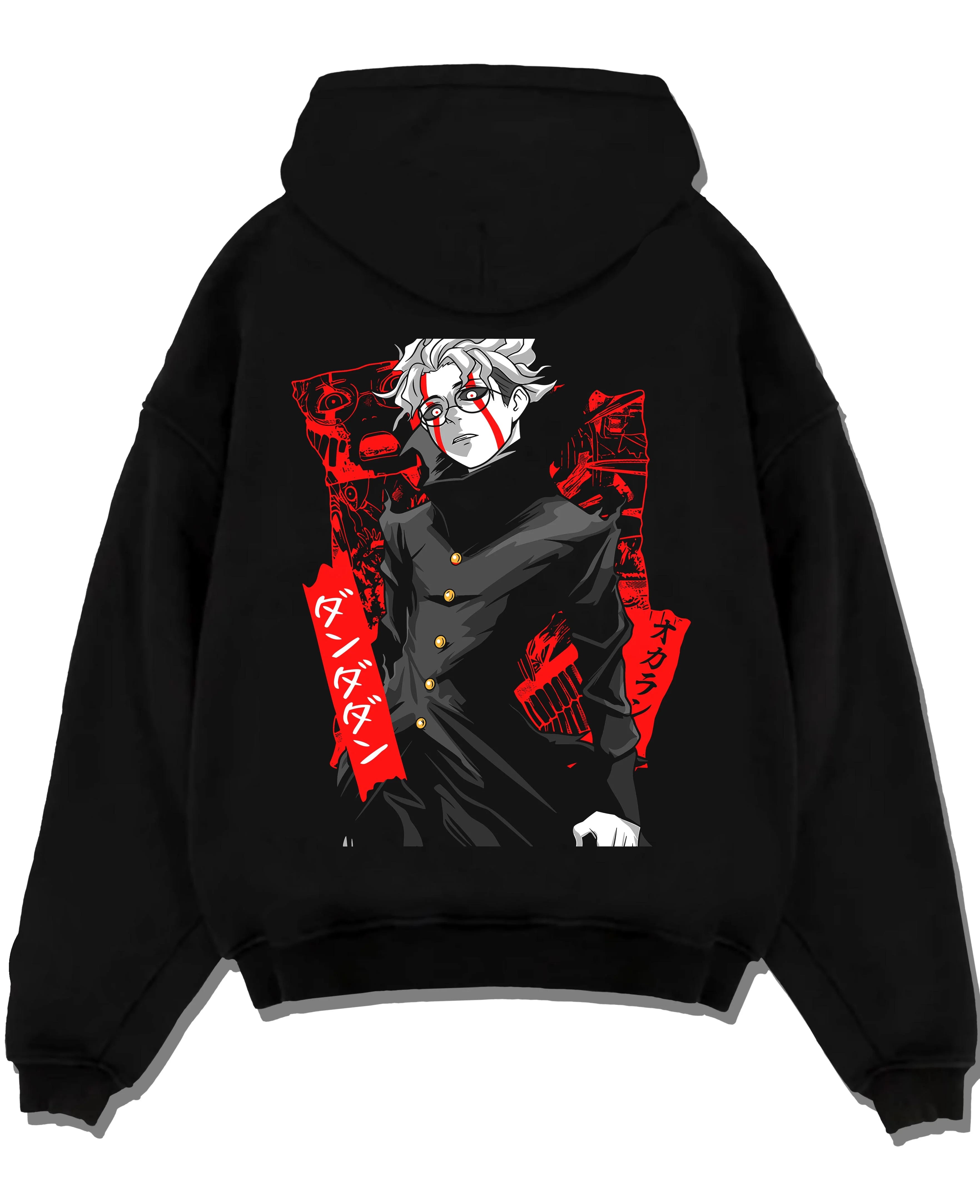 Black pullover hoodie laid flat with Ken Turbo Form Hoodie Dandadan Psychic Showdown graphic premium wear.