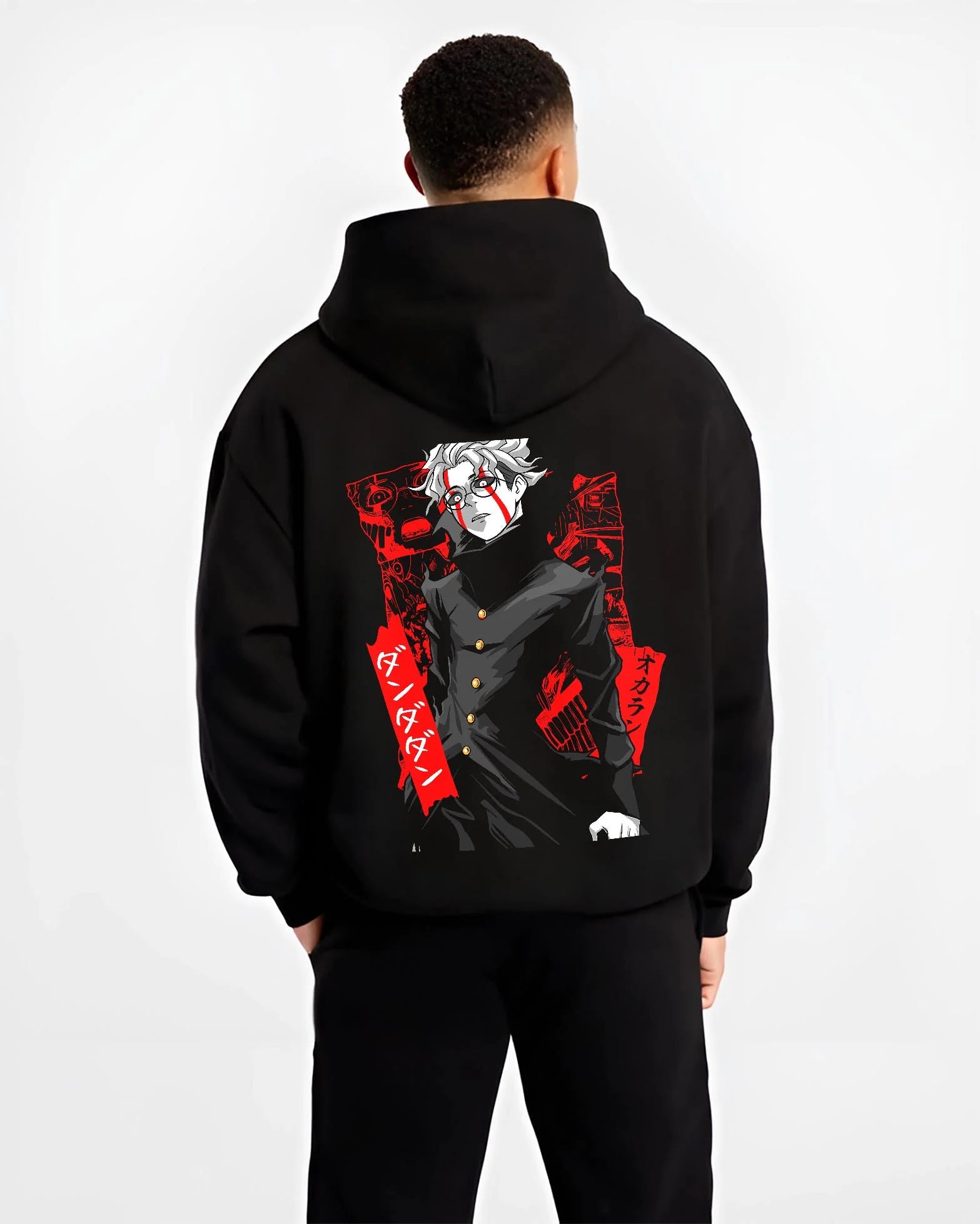 Black hoodie worn by male model, back view with Ken Turbo Form Hoodie Dandadan Psychic Showdown graphic premium wear.