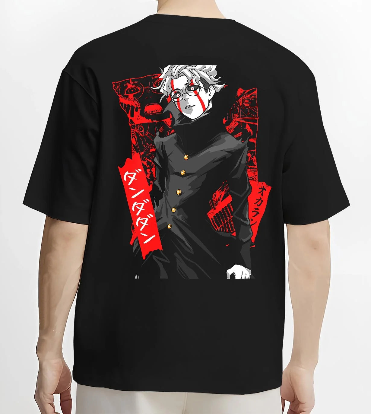Black T-shirt worn by male model, back view with Ken Turbo Form Hoodie Dandadan Psychic Showdown graphic streetwear graphic.