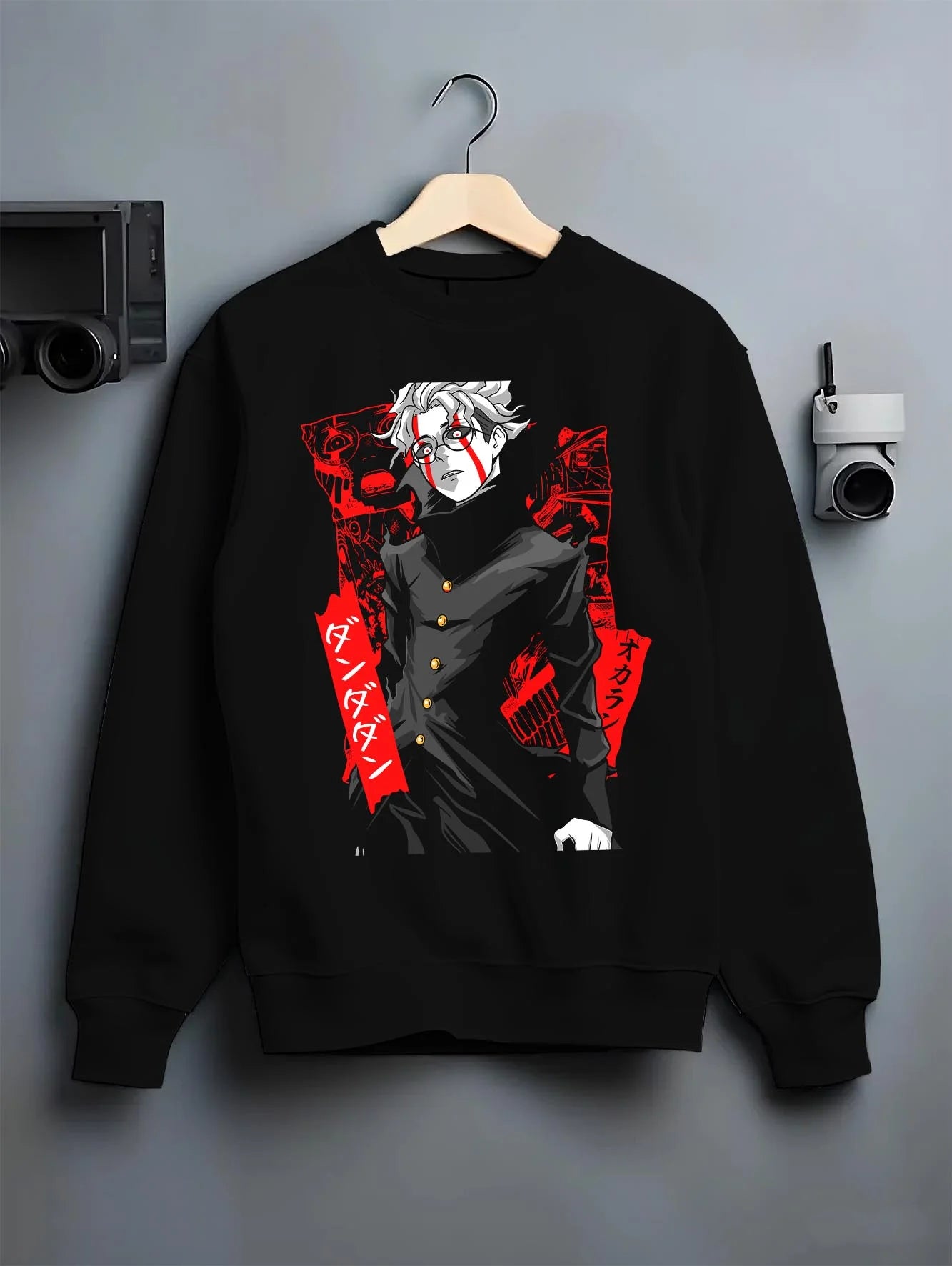 Black crewneck sweatshirt on hanger with Ken Turbo Form Hoodie Dandadan Psychic Showdown graphic streetwear graphic.