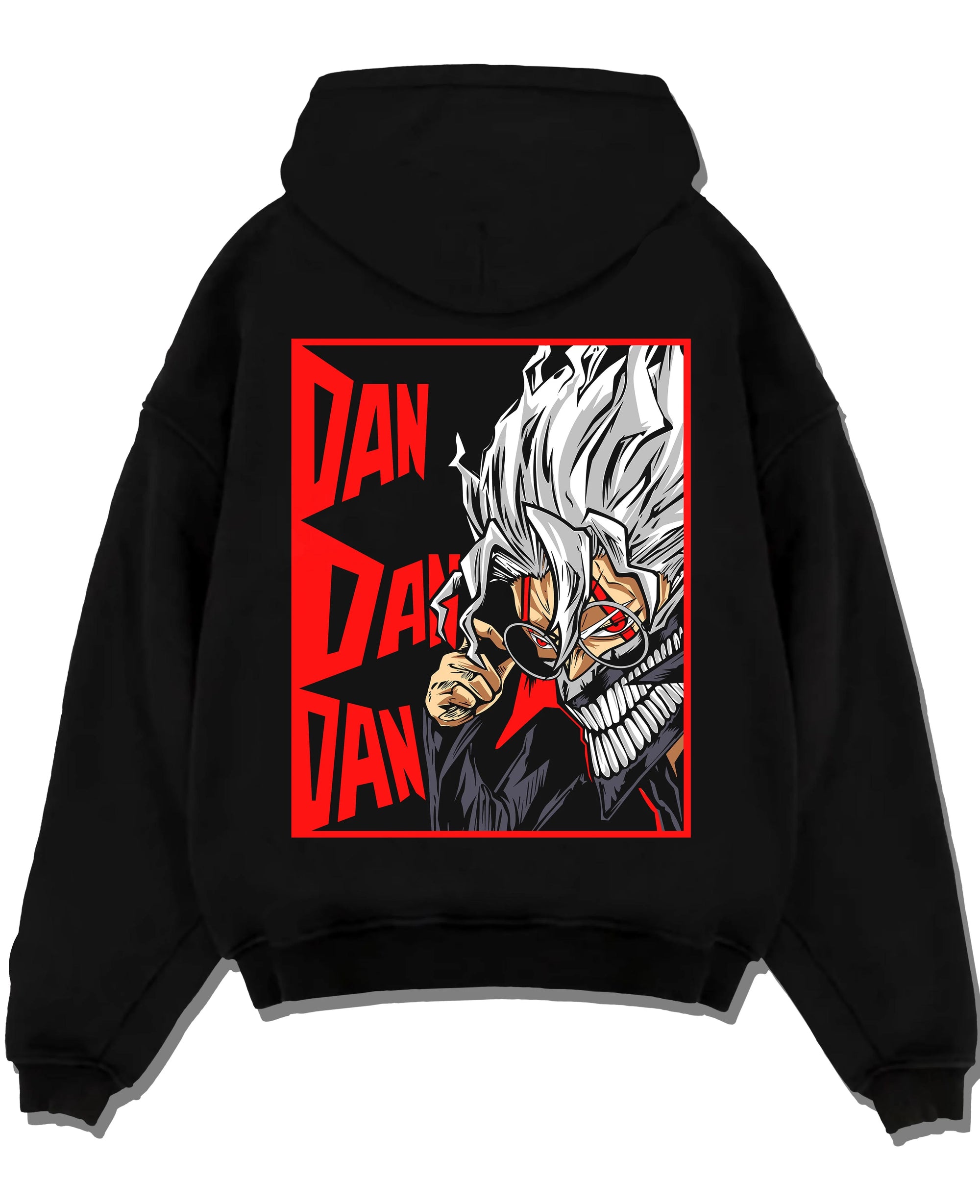 Black pullover hoodie laid flat with Ken Spirit Clash Hoodie Dandadan Turbo Granny Mode graphic streetwear graphic.