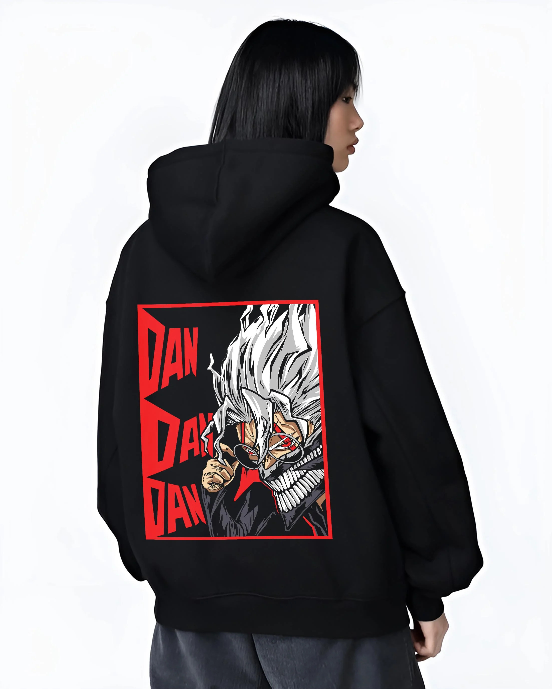 Black hoodie worn by female model, back view with Ken Spirit Clash Hoodie Dandadan Turbo Granny Mode graphic premium wear.
