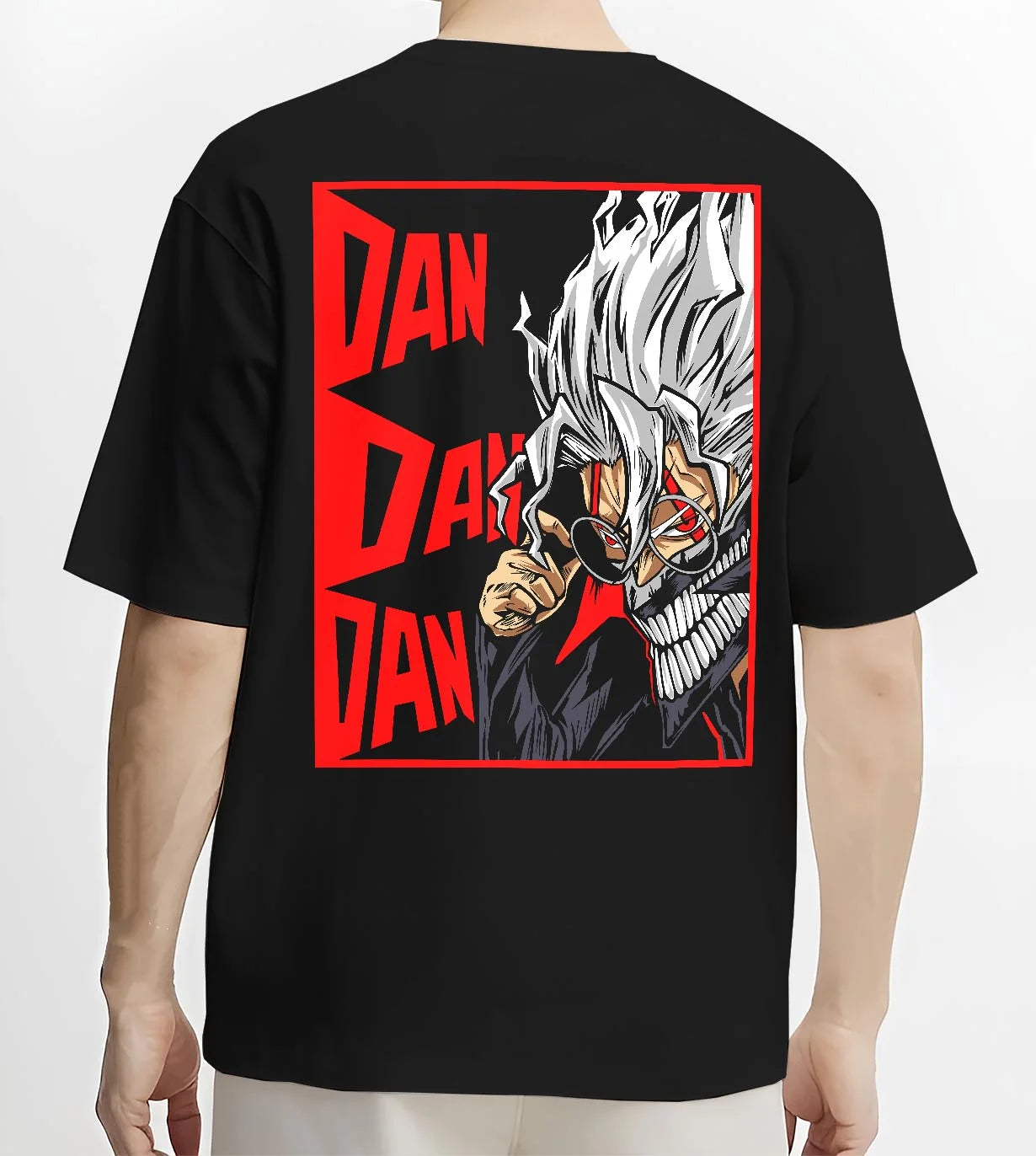 Black T-shirt worn by male model, back view with Ken Spirit Clash Hoodie Dandadan Turbo Granny Mode graphic premium wear.