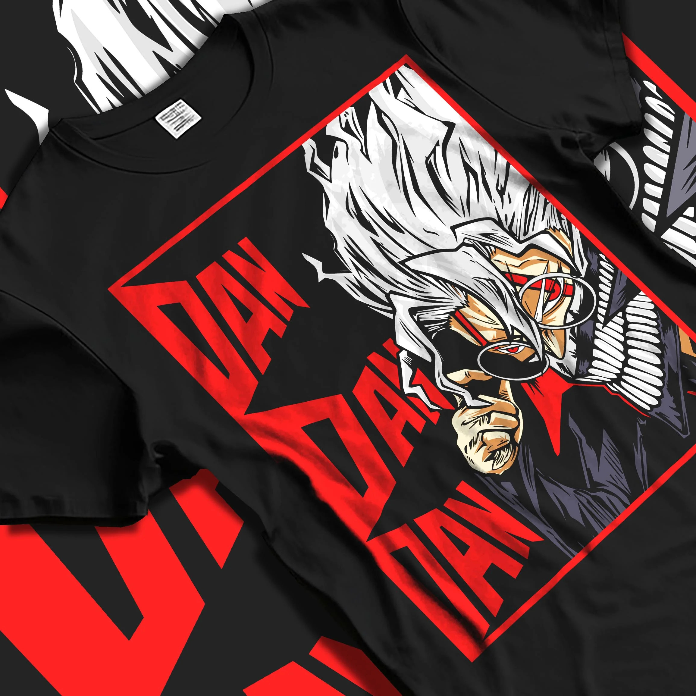 Black T-shirt laid flat with natural folds with Ken Spirit Clash Hoodie Dandadan Turbo Granny Mode graphic bold anime graphic.