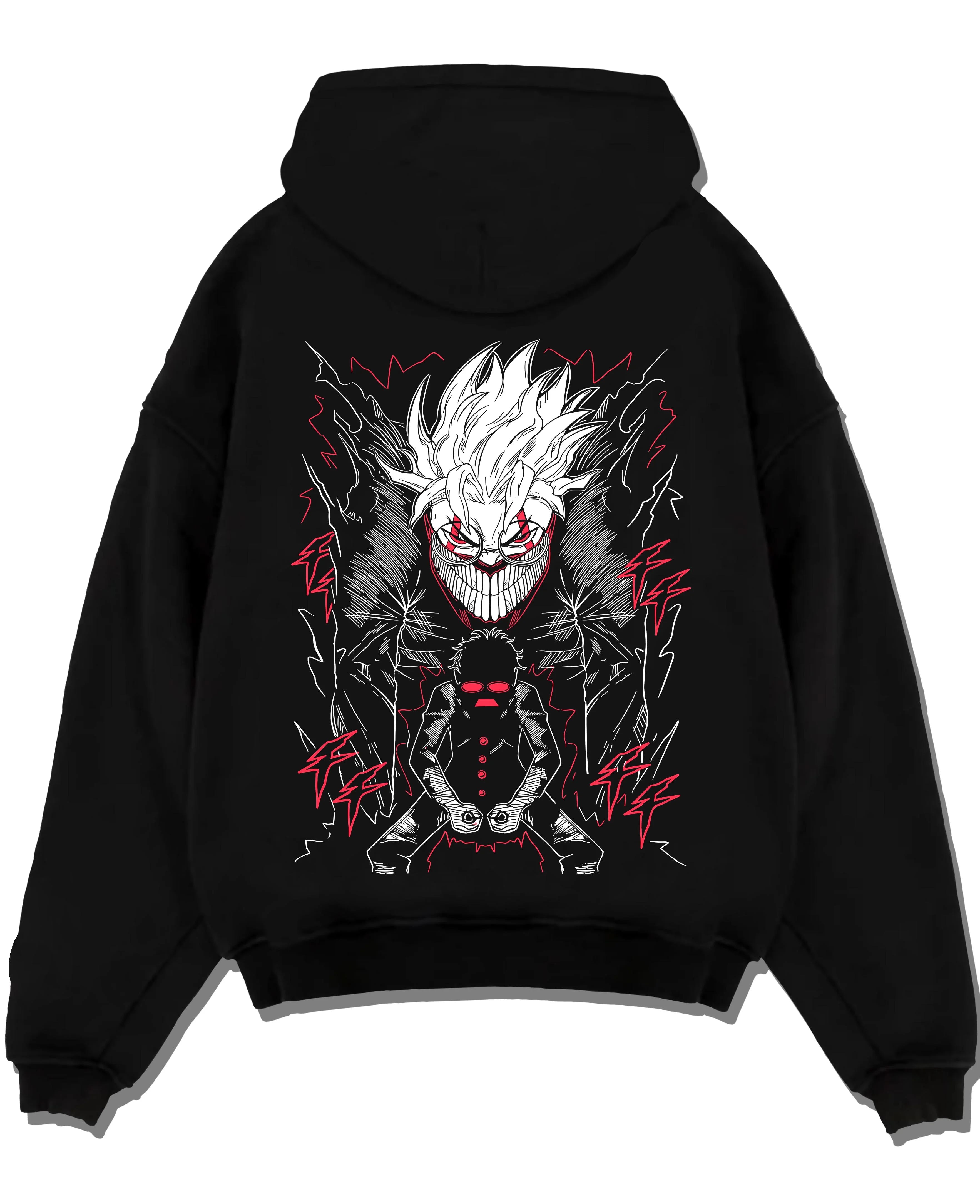 Black pullover hoodie laid flat with Ken Turbo Power Hoodie Dandadan Ghostly Encounter graphic bold anime graphic.