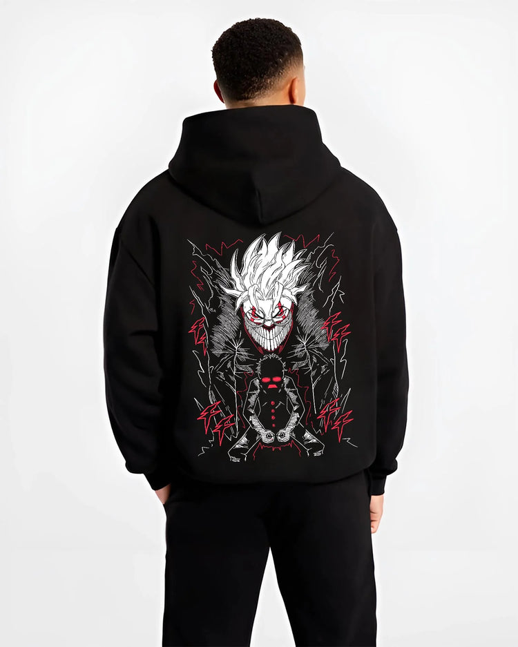 Black hoodie worn by male model, back view with Ken Turbo Power Hoodie Dandadan Ghostly Encounter graphic premium wear.