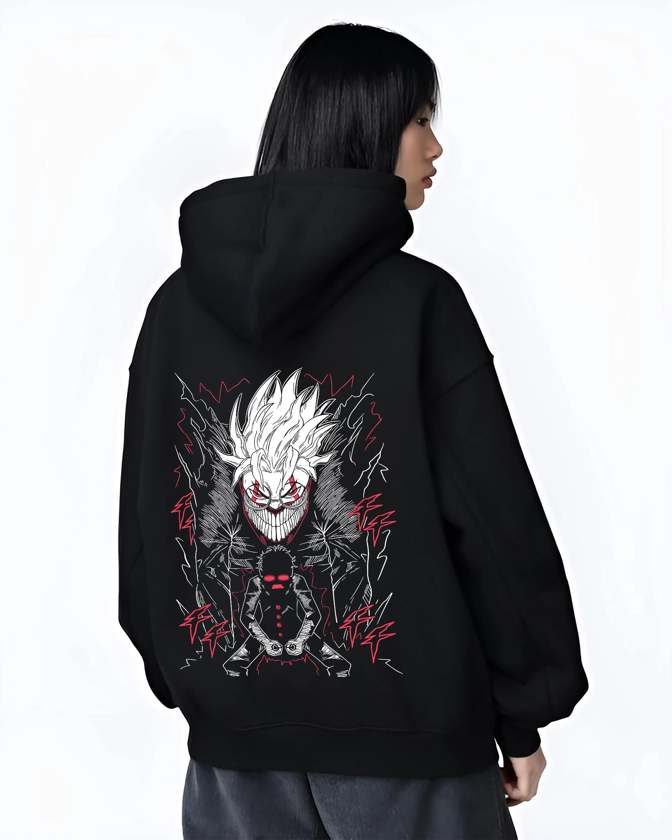 Black hoodie worn by female model, back view with Ken Turbo Power Hoodie Dandadan Ghostly Encounter graphic bold anime graphic.