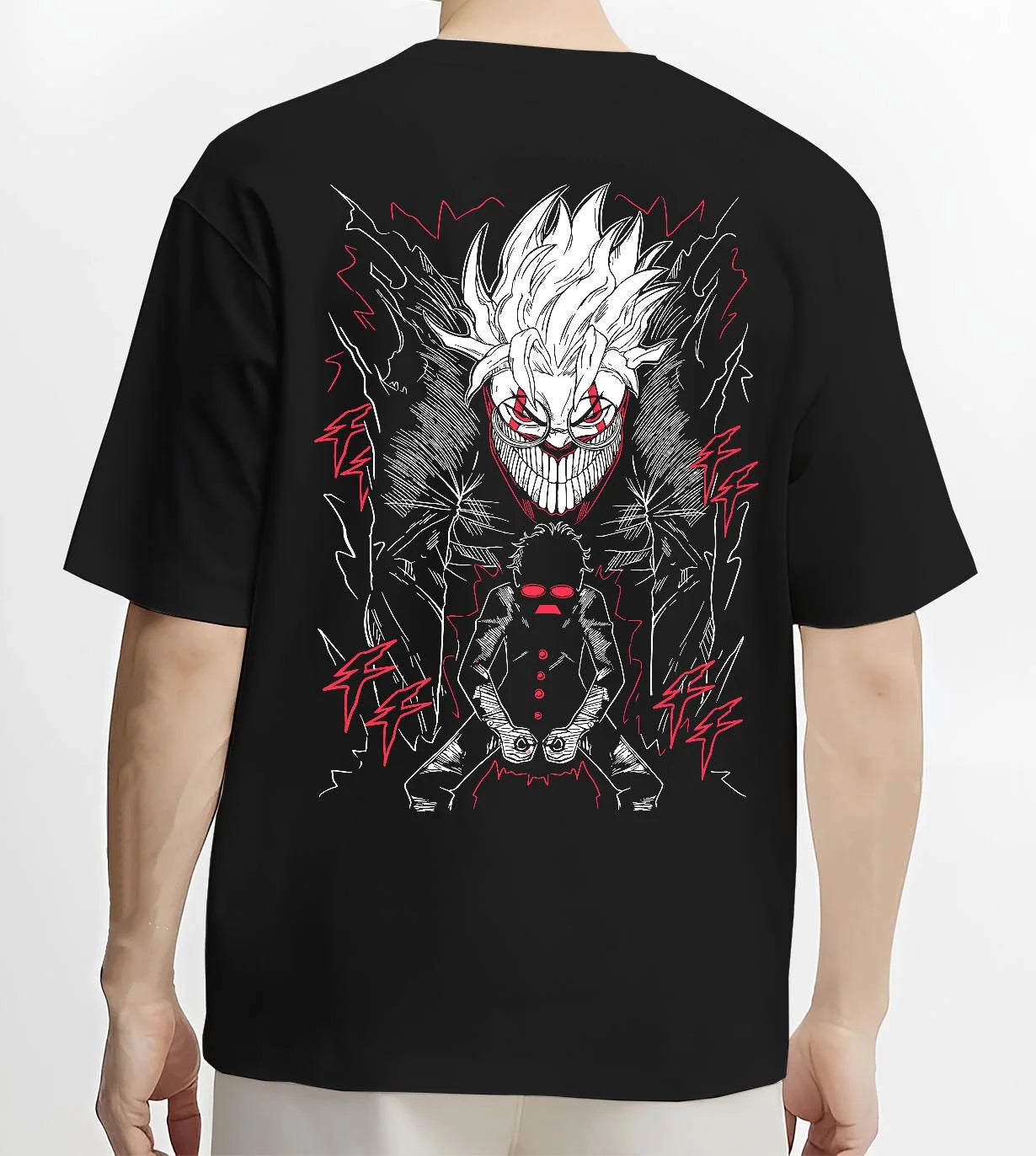 Black T-shirt worn by male model, back view with Ken Turbo Power Hoodie Dandadan Ghostly Encounter graphic bold anime graphic.