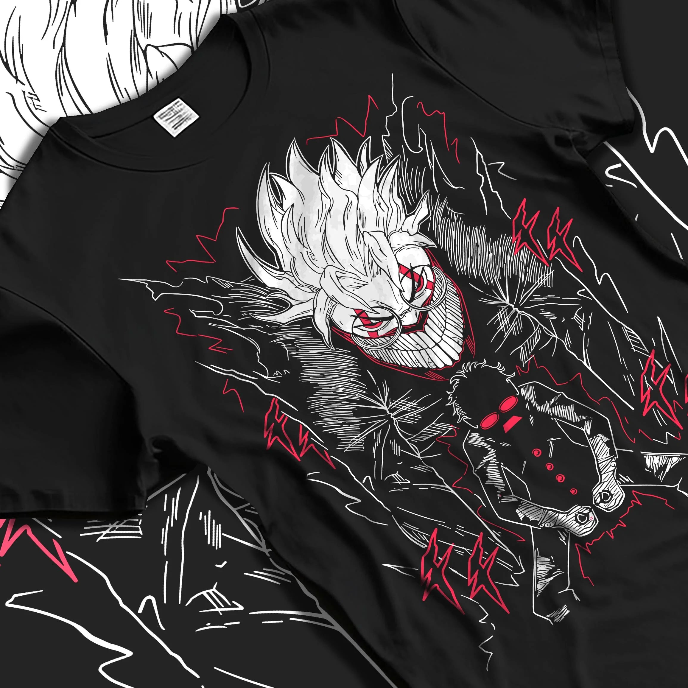 Black T-shirt laid flat with natural folds with Ken Turbo Power Hoodie Dandadan Ghostly Encounter graphic streetwear graphic.
