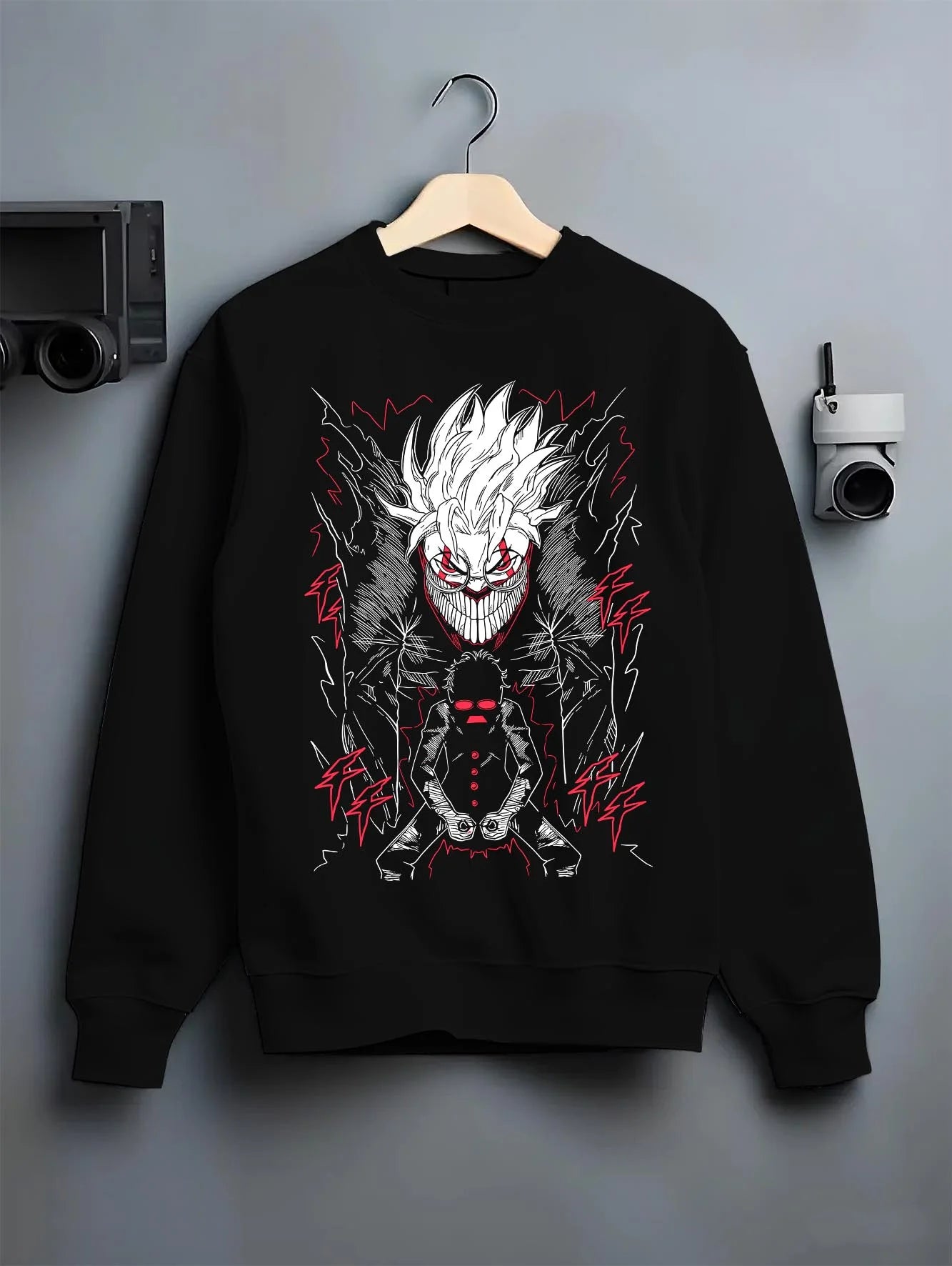 Black crewneck sweatshirt on hanger with Ken Turbo Power Hoodie Dandadan Ghostly Encounter graphic streetwear graphic.
