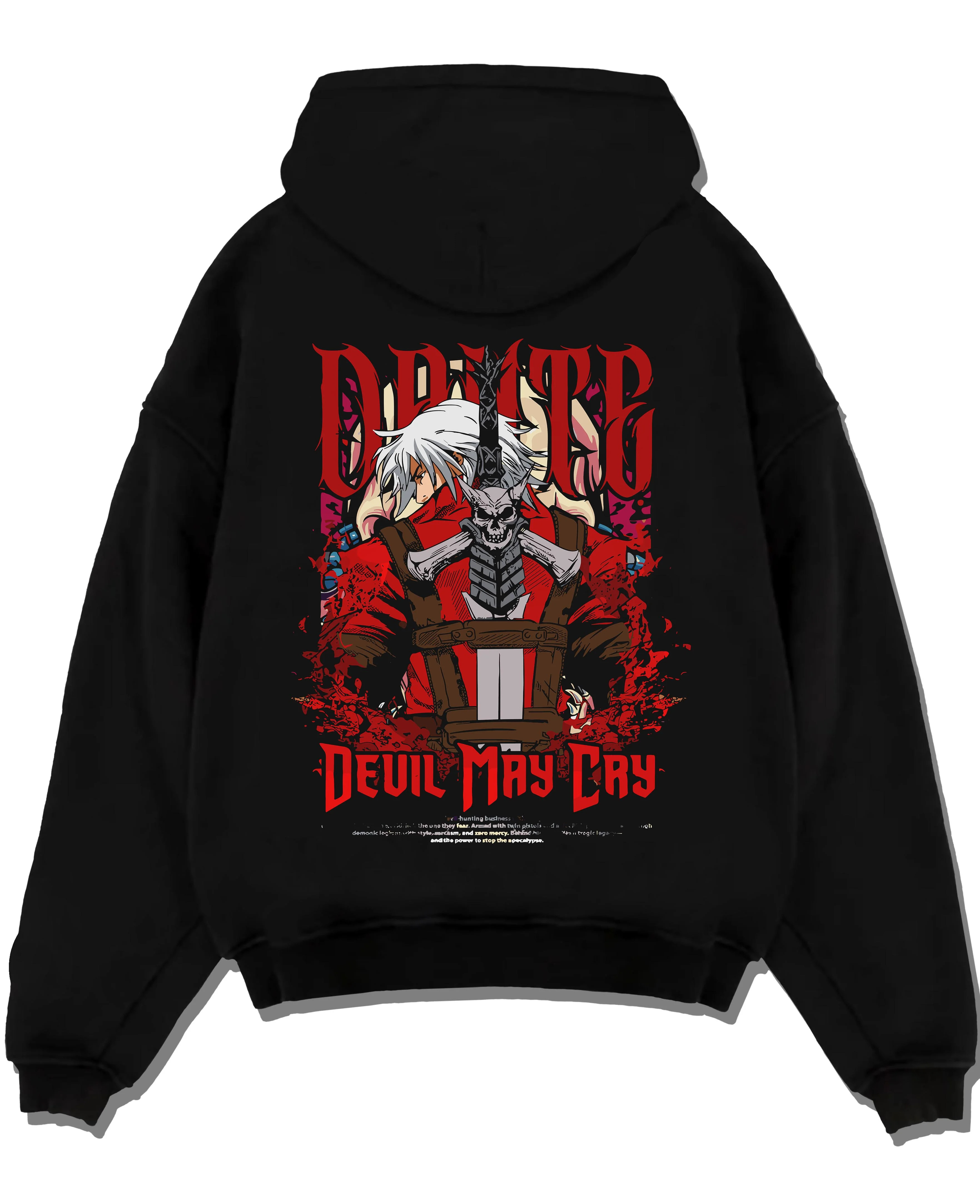Black pullover hoodie laid flat with Dante Hoodie Devil May Cry Gothic Demon Hunter Poster graphic bold anime graphic.