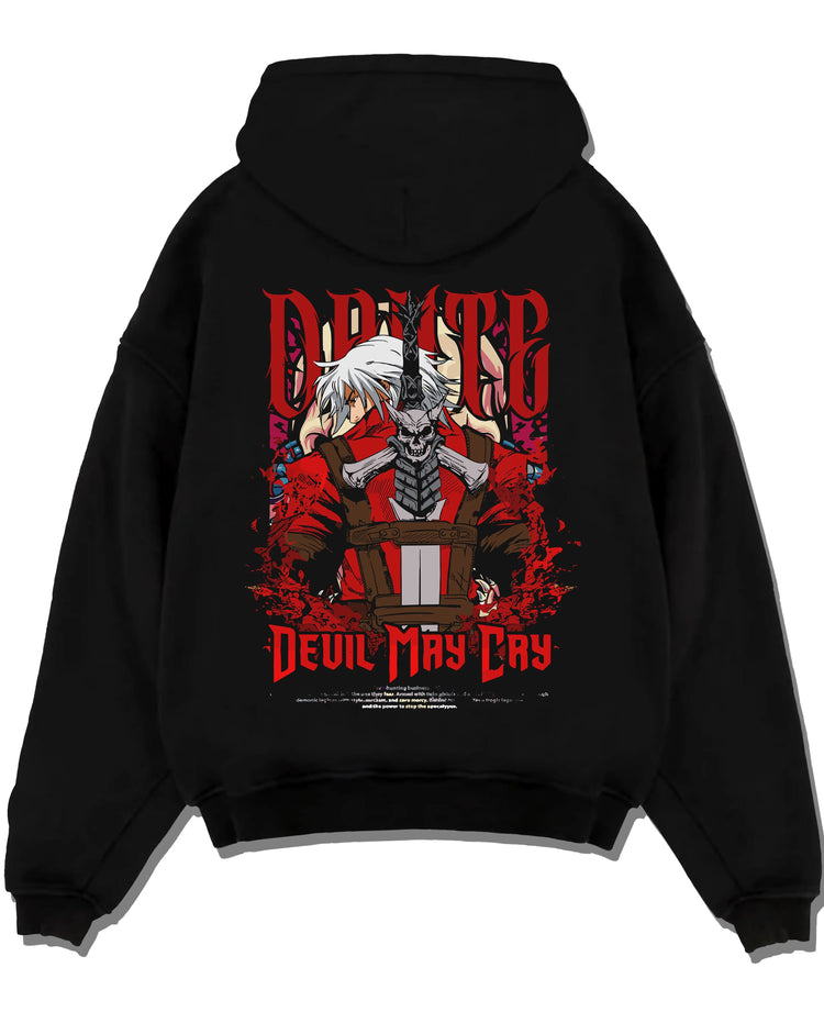 Black pullover hoodie laid flat with Dante Hoodie Devil May Cry Gothic Demon Hunter Poster graphic bold anime graphic.