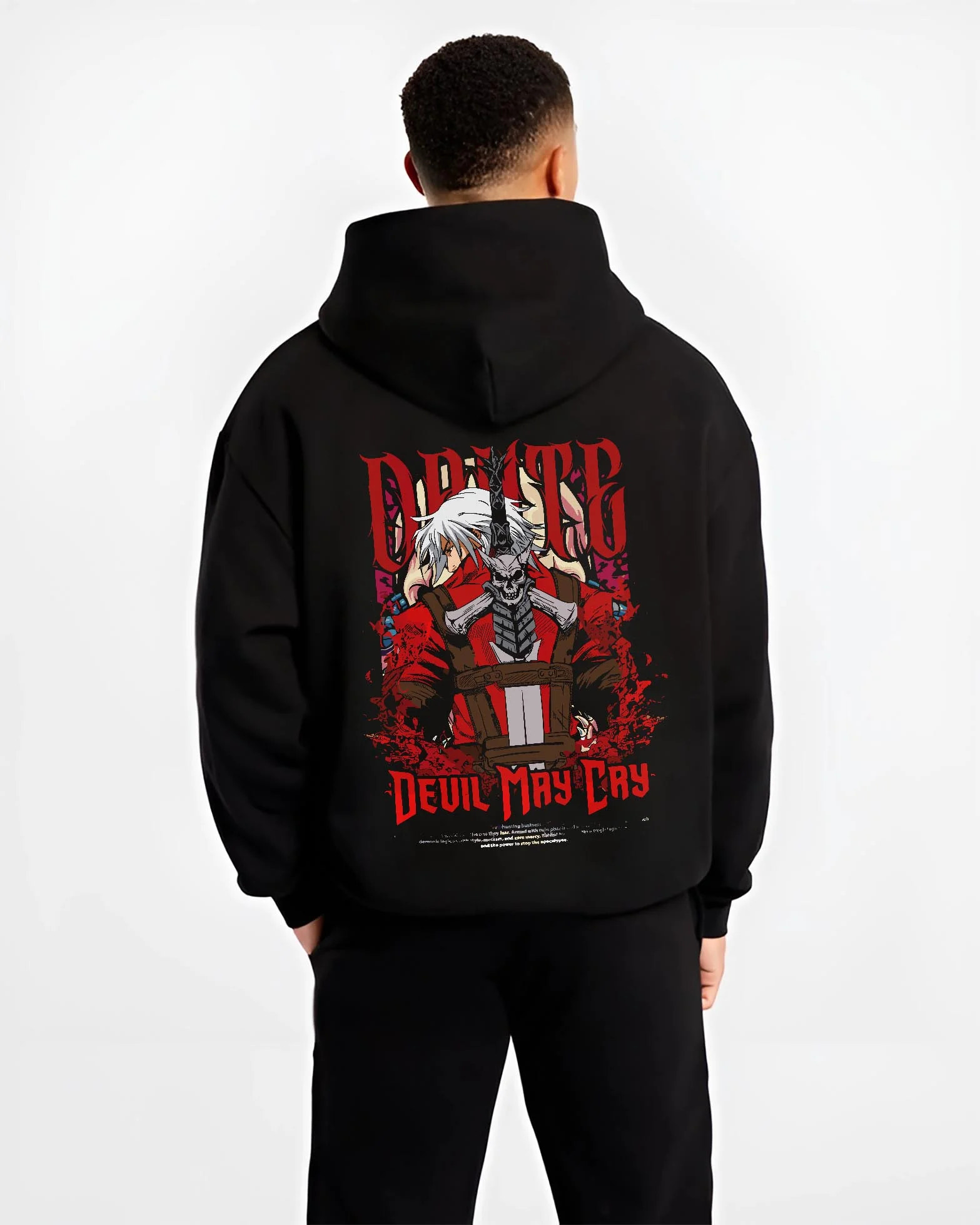 Black hoodie worn by male model, back view with Dante Hoodie Devil May Cry Gothic Demon Hunter Poster graphic Dante anime design.
