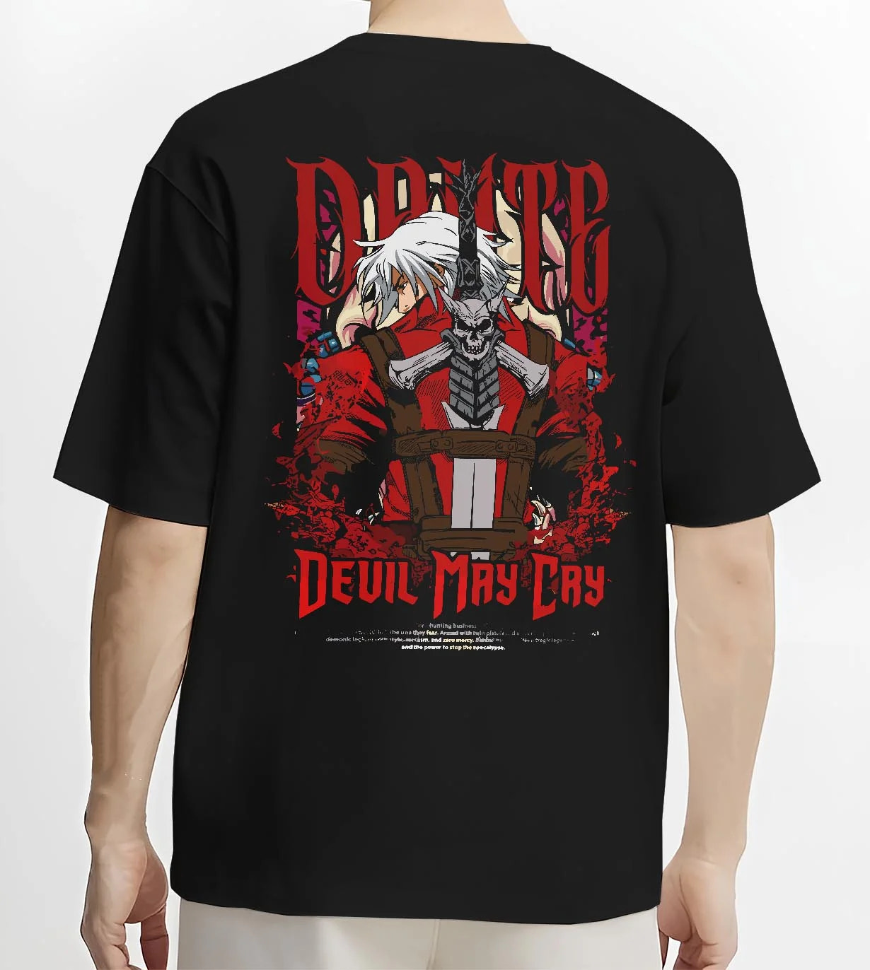 Black T-shirt worn by male model, back view with Dante Hoodie Devil May Cry Gothic Demon Hunter Poster graphic Dante anime design.