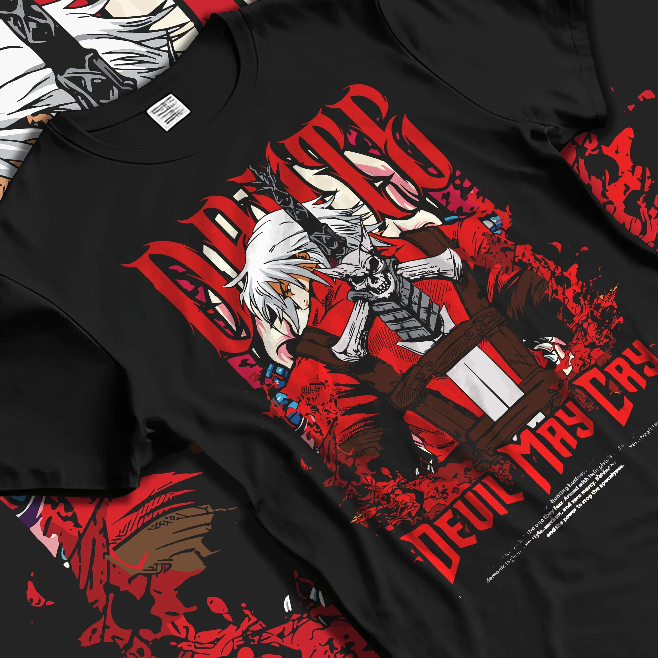 Black T-shirt laid flat with natural folds with Dante Hoodie Devil May Cry Gothic Demon Hunter Poster graphic premium wear.