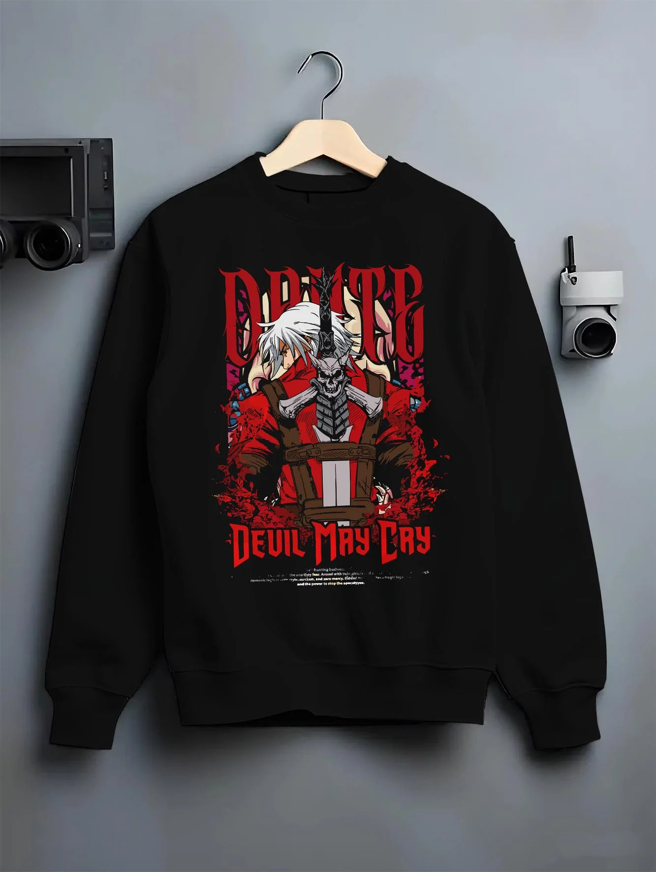 Black crewneck sweatshirt on hanger with Dante Hoodie Devil May Cry Gothic Demon Hunter Poster graphic bold anime graphic.
