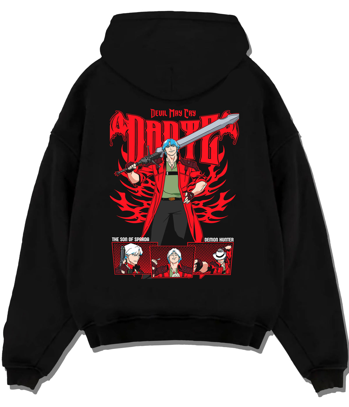 Black hoodie flat back view showing Dante from Devil May Cry: Devil May Cry