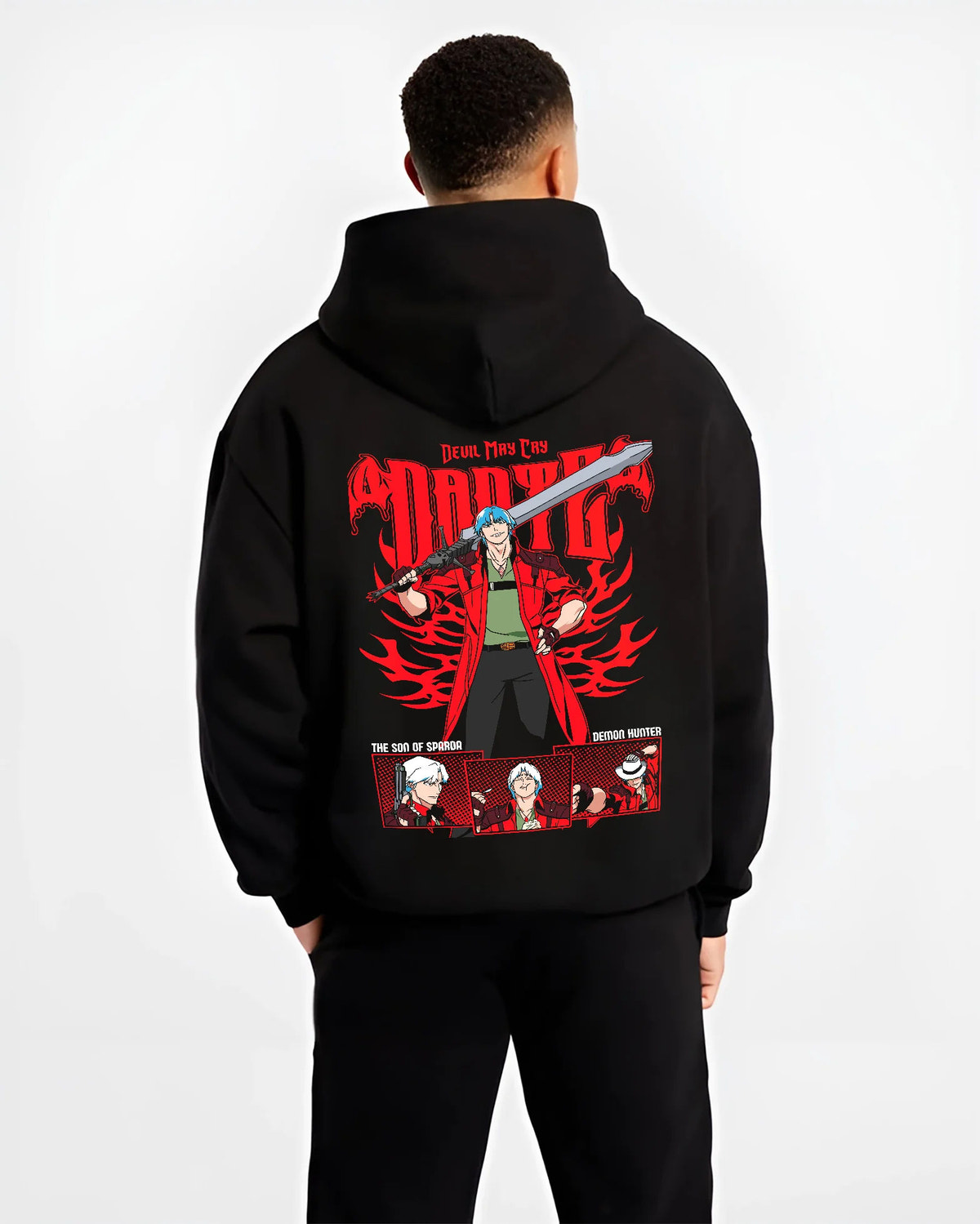 Black hoodie model back view showing Dante from Devil May Cry: Devil May Cry