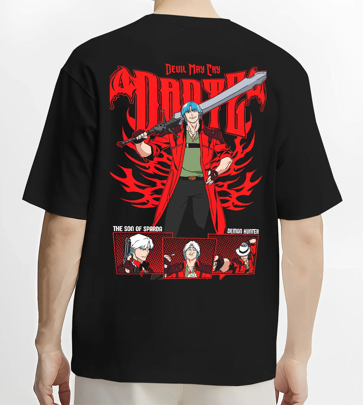 Black T-shirt model back view showing Dante from Devil May Cry: Devil May Cry