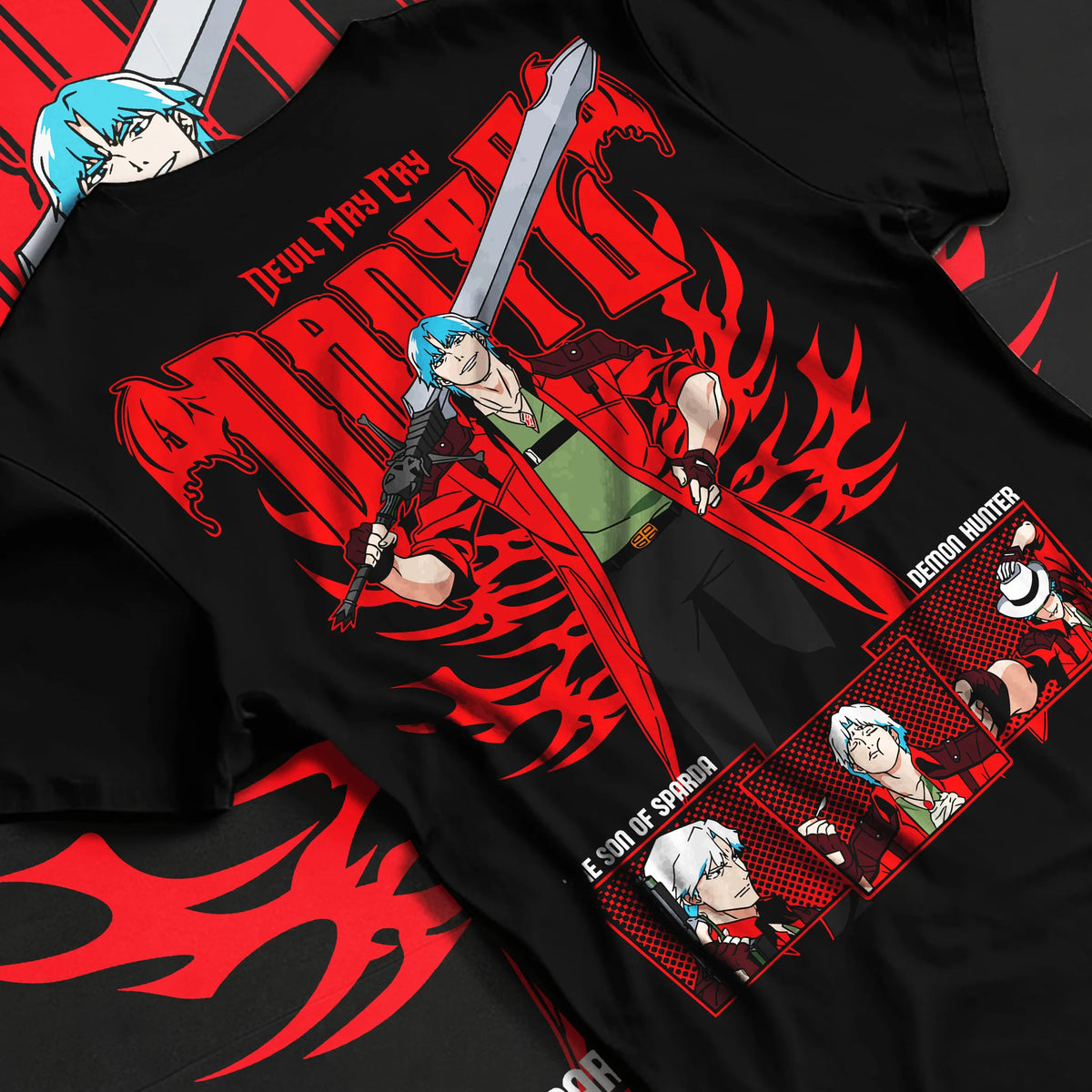 Black T-shirt flat back view showing Dante from Devil May Cry: Devil May Cry