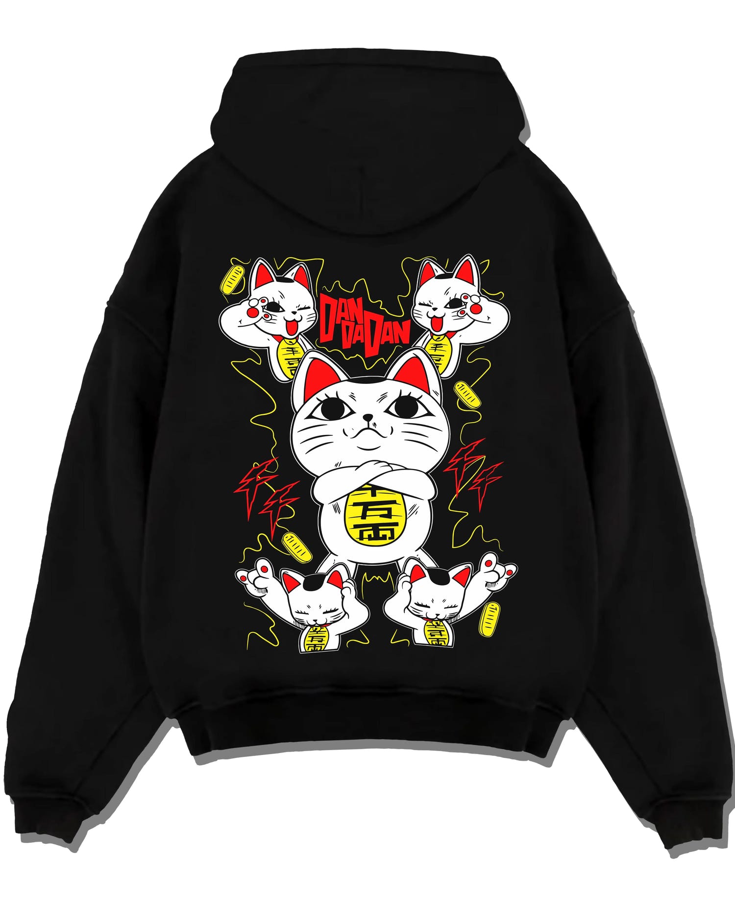 Black pullover hoodie laid flat with Turbo Granny Hoodie Dandadan Paranormal Spirit Form graphic streetwear graphic.
