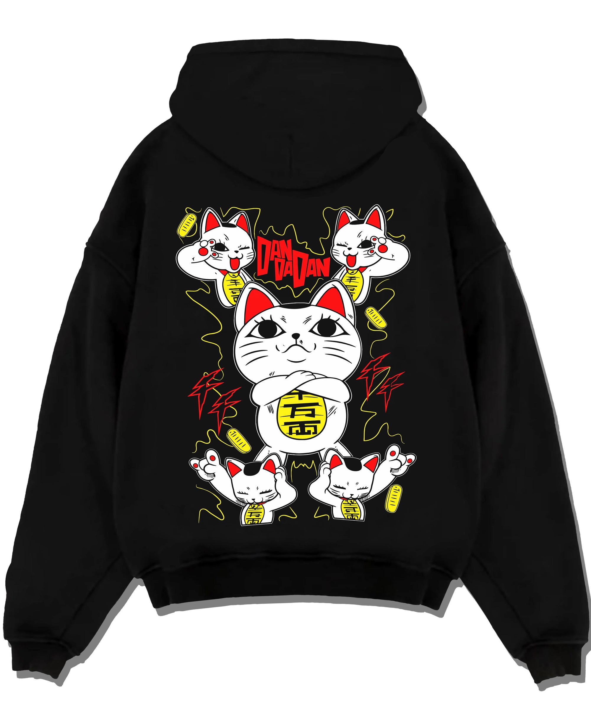 Black pullover hoodie laid flat with Turbo Granny Hoodie Dandadan Paranormal Spirit Form graphic streetwear graphic.