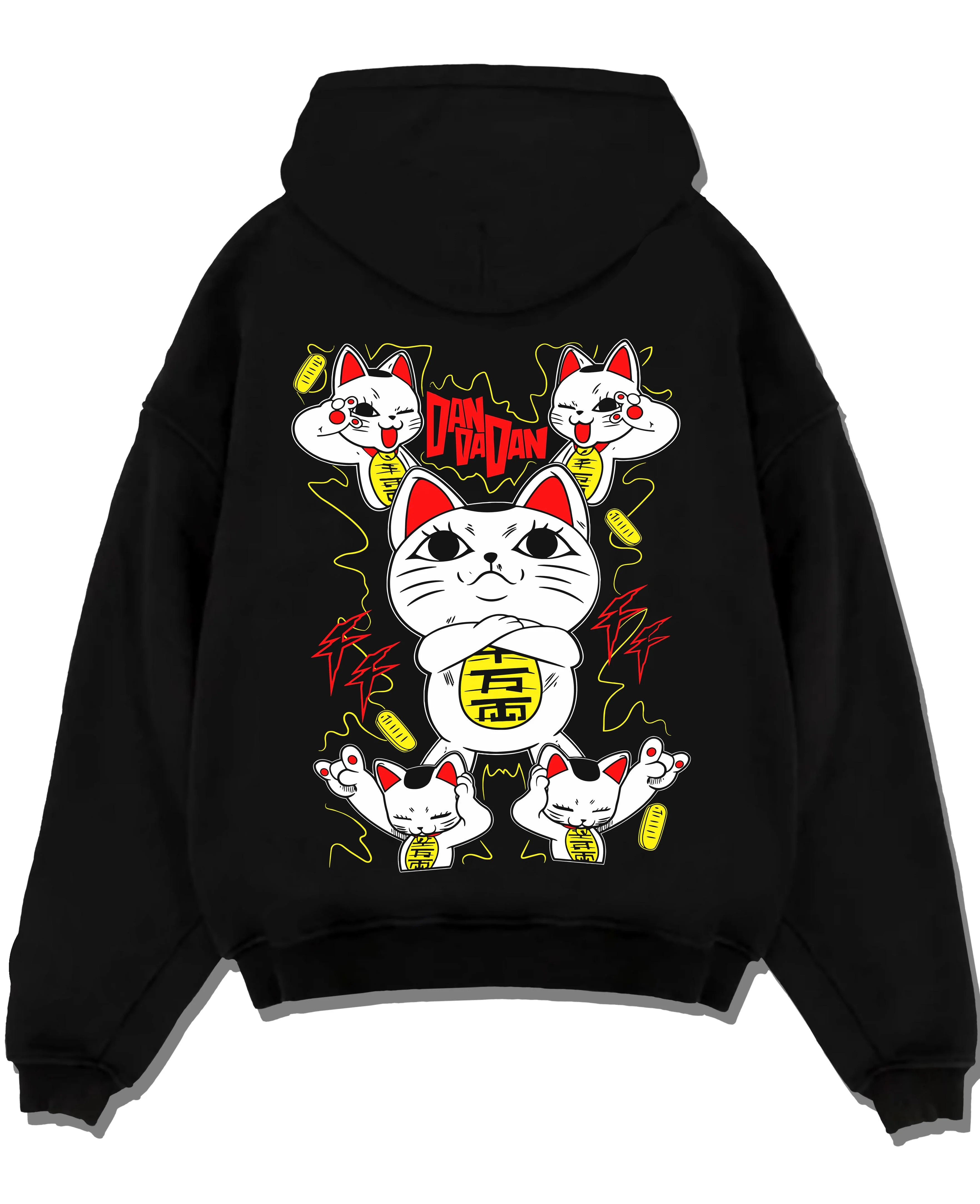 Black pullover hoodie laid flat with Turbo Granny Hoodie Dandadan Paranormal Spirit Form graphic streetwear graphic.