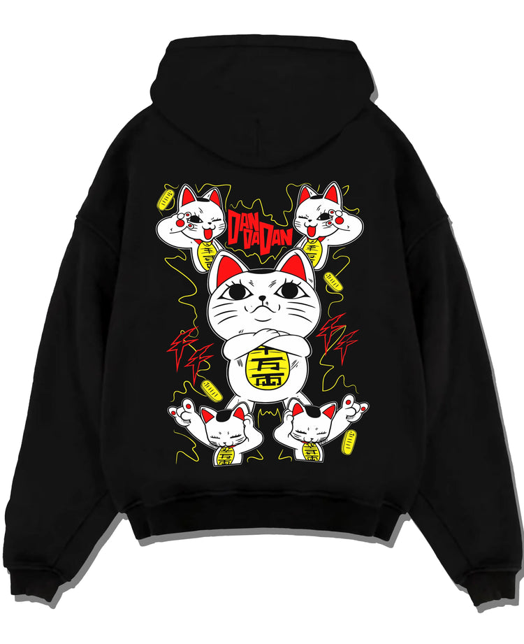Black pullover hoodie laid flat with Turbo Granny Hoodie Dandadan Paranormal Spirit Form graphic streetwear graphic.
