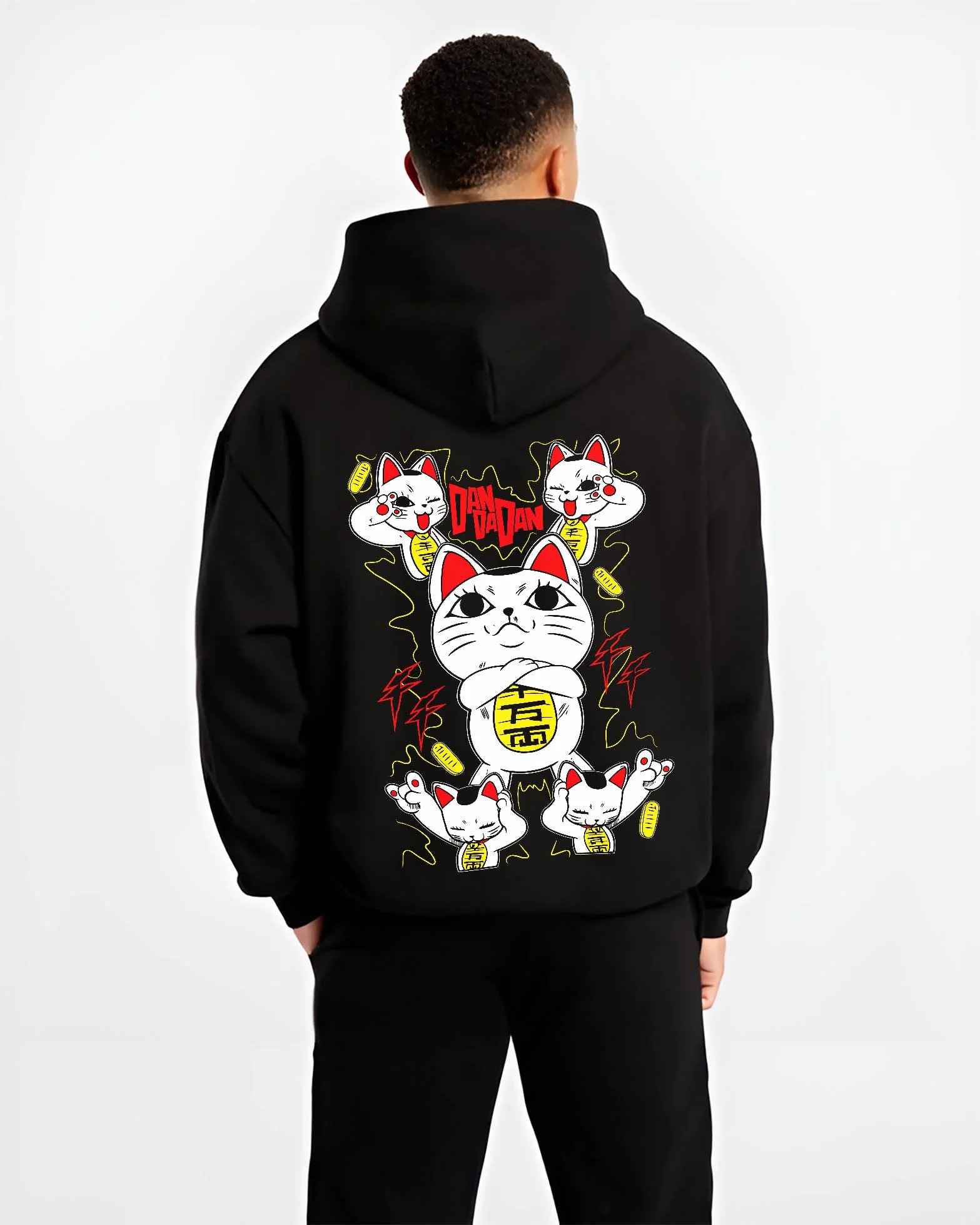 Black hoodie worn by male model, back view with Turbo Granny Hoodie Dandadan Paranormal Spirit Form graphic premium wear.