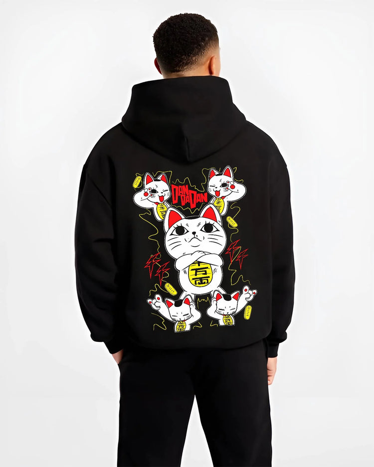 Black hoodie worn by male model, back view with Turbo Granny Hoodie Dandadan Paranormal Spirit Form graphic premium wear.
