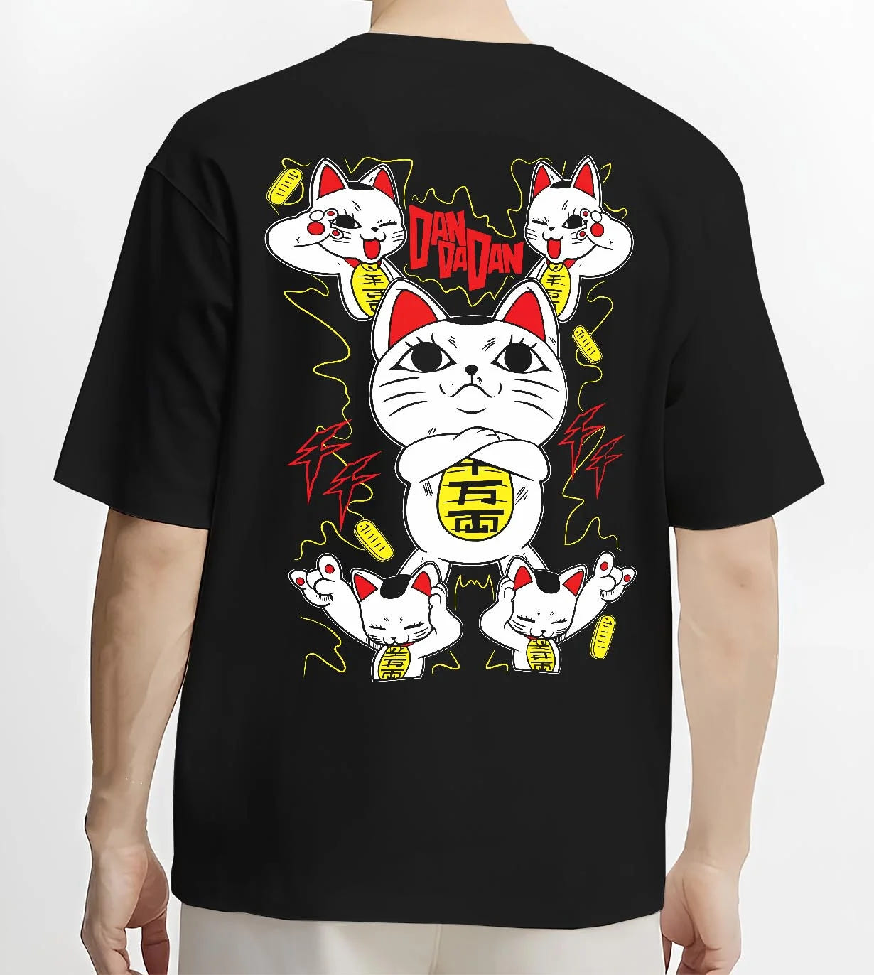 Black T-shirt worn by male model, back view with Turbo Granny Hoodie Dandadan Paranormal Spirit Form graphic streetwear graphic.